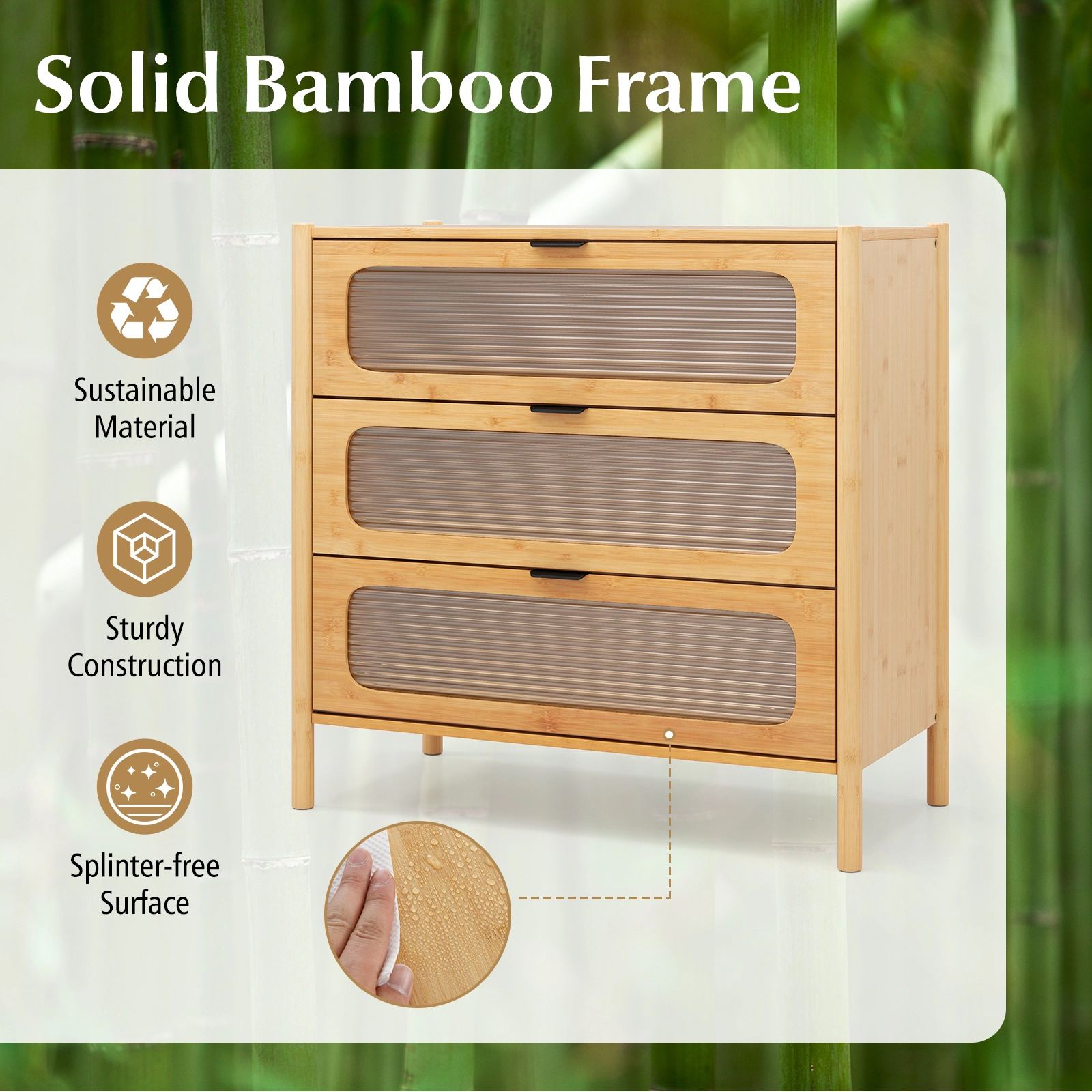 Glintex 3-Drawer Bamboo Chest with Reeded Tempered Glass Fronts, Natural