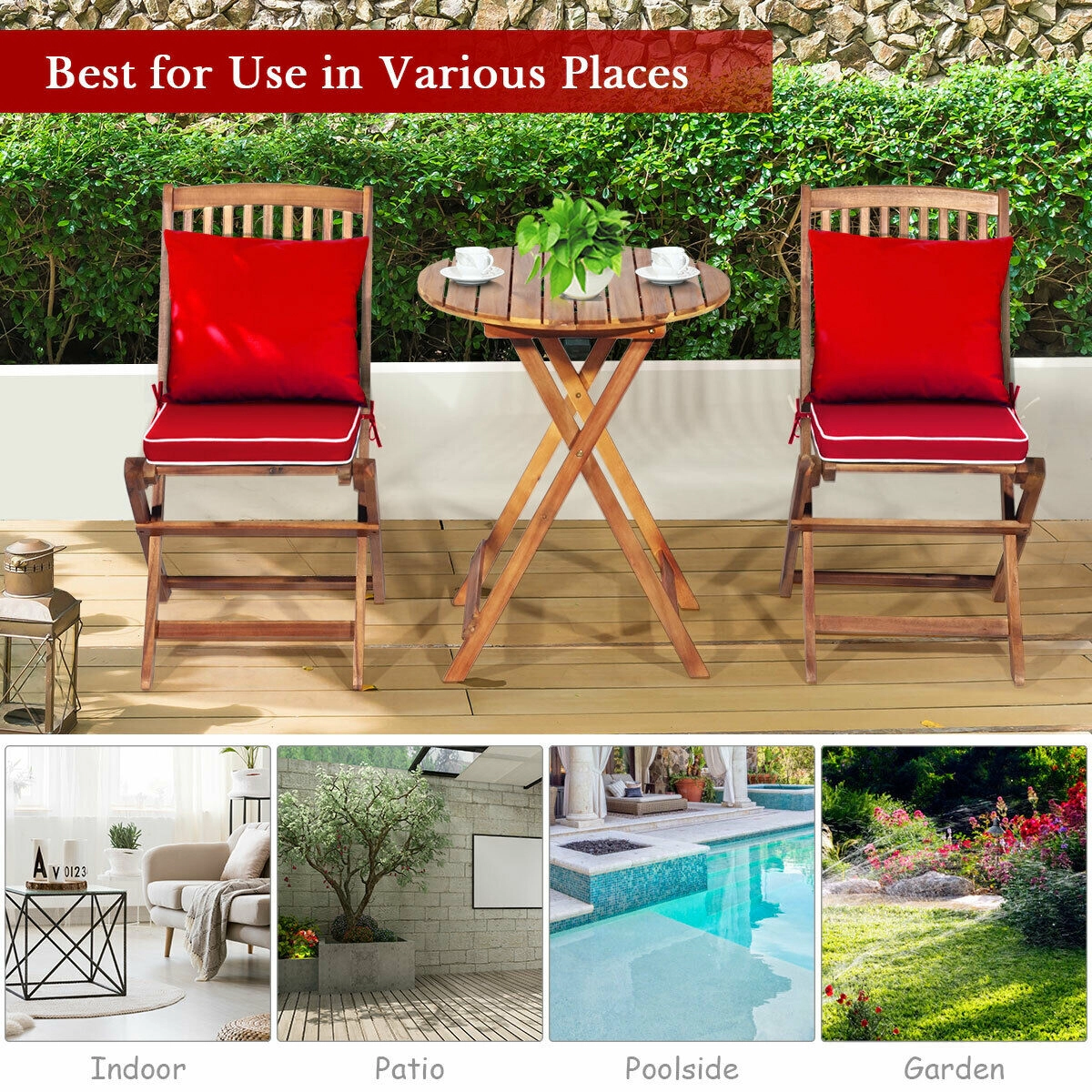 LJG 3 Pieces Patio Folding Bistro Set with Padded Cushion and Round Coffee Table