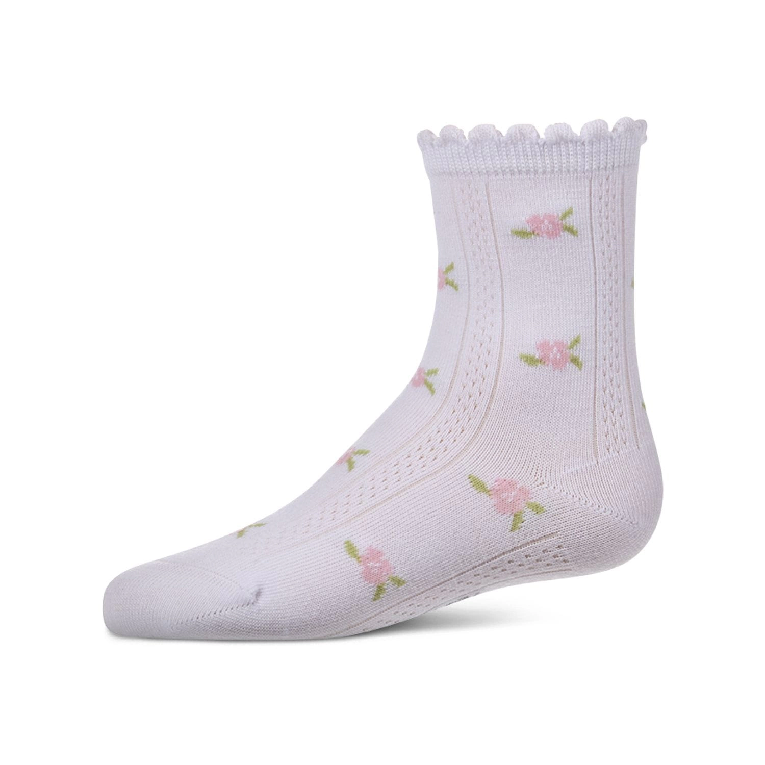 MeMoi Girls Cotton-Rich Scallop-Trim Crew Sock with Mini-Floral Pattern