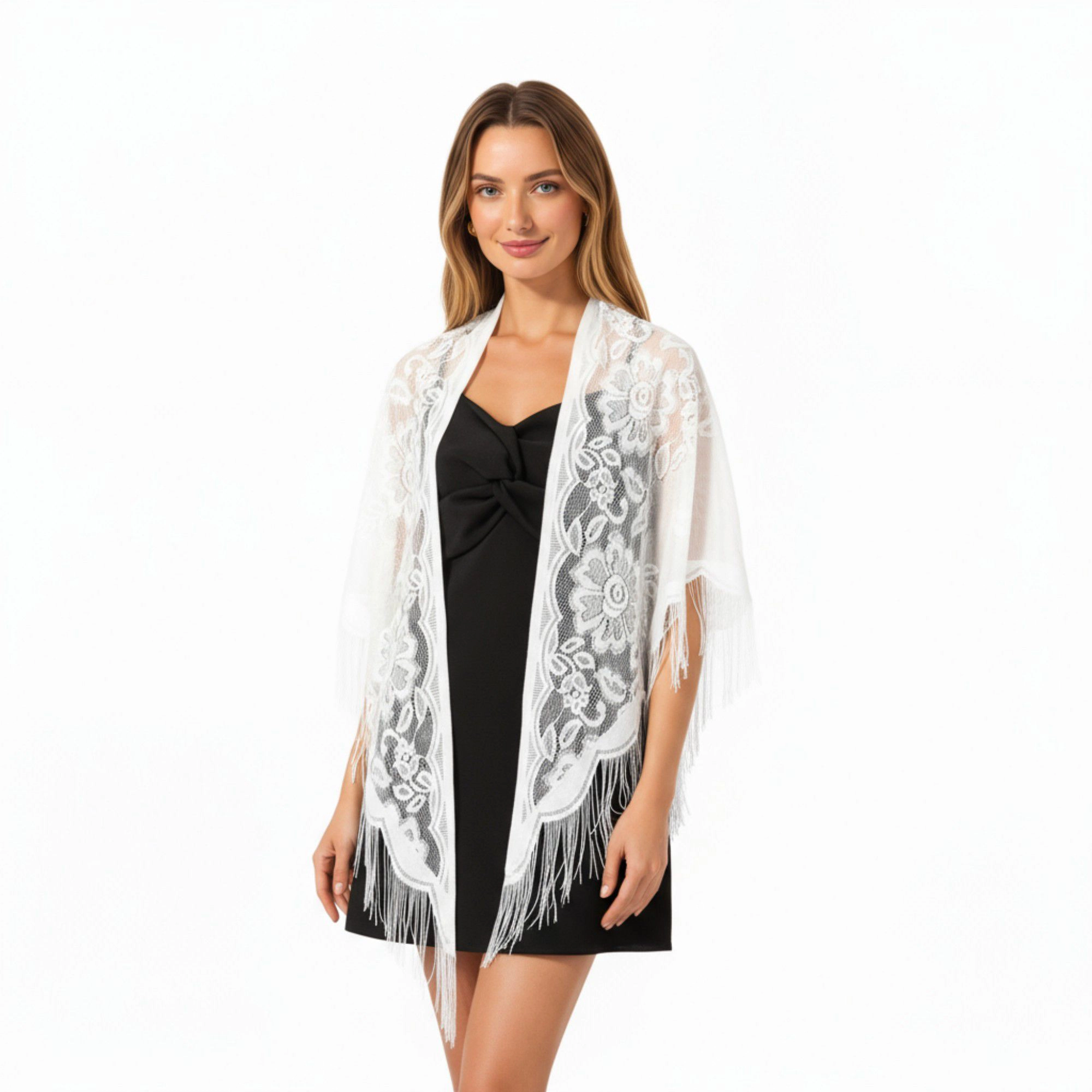 Anna-Kaci Women's Sheer Lace Shawl with Floral Embroidery and Fringe Hem Detailing