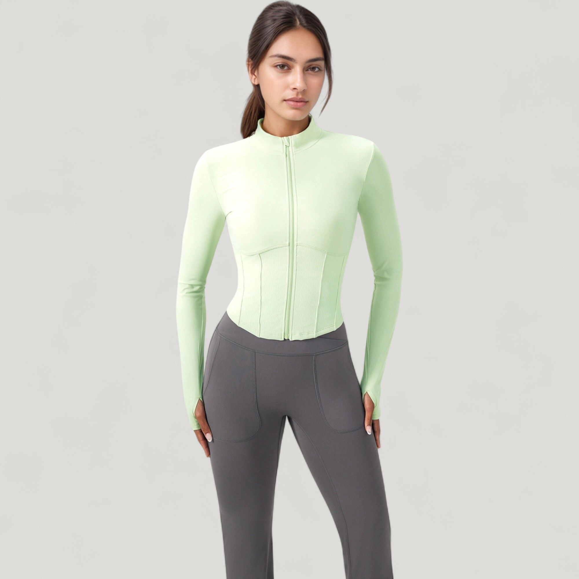 Anna-Kaci Women's Long Sleeve Zip-Up Cropped Active Jacket with Thumbhole Cuffs and Slim Fit Design