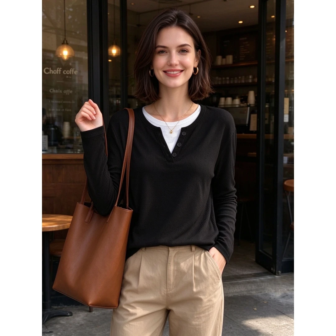 Coolmee Women's Round Neck Long Sleeve Color Block Ribbed Loose Knit Top Fall