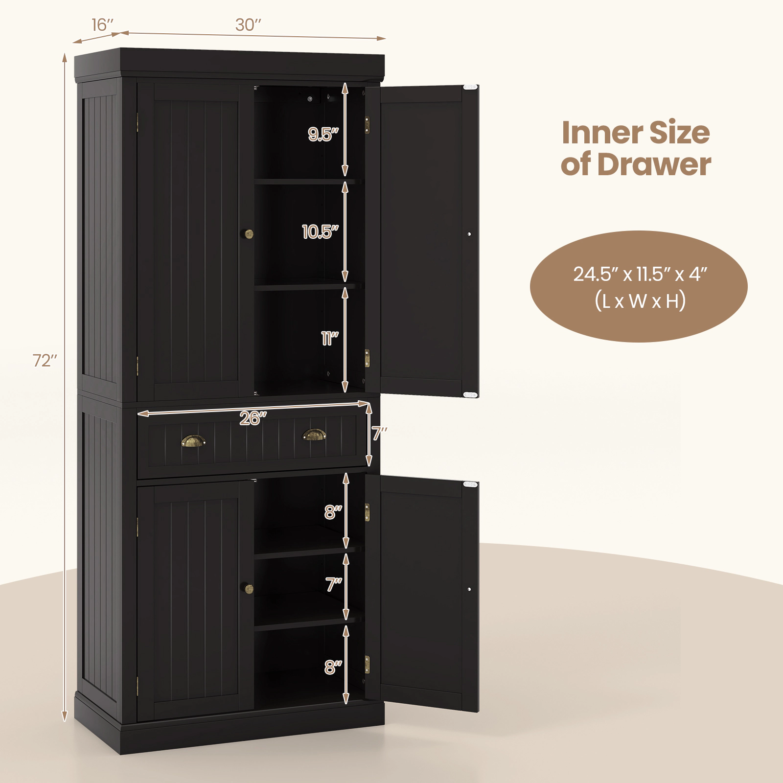 SUGIFT 72-in Tall Black Kitchen Pantry Cabinet with 4 Doors Adjustable Shelves and Freestanding Cupboard
