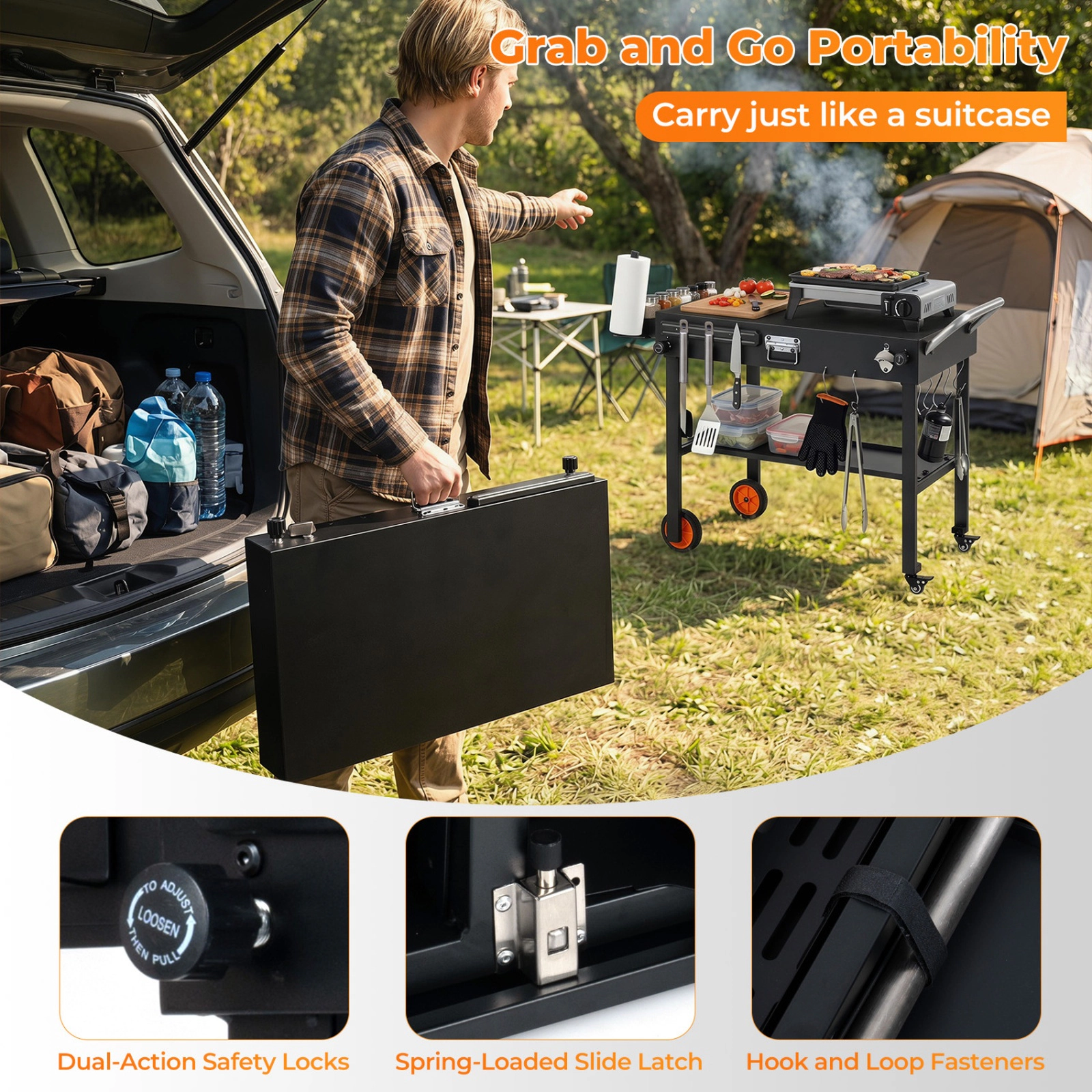 SUGIFT 330-lb Capacity Black Folding Grill Cart with Heat-Resistant Mat 360-Degree Casters and 6 Hooks