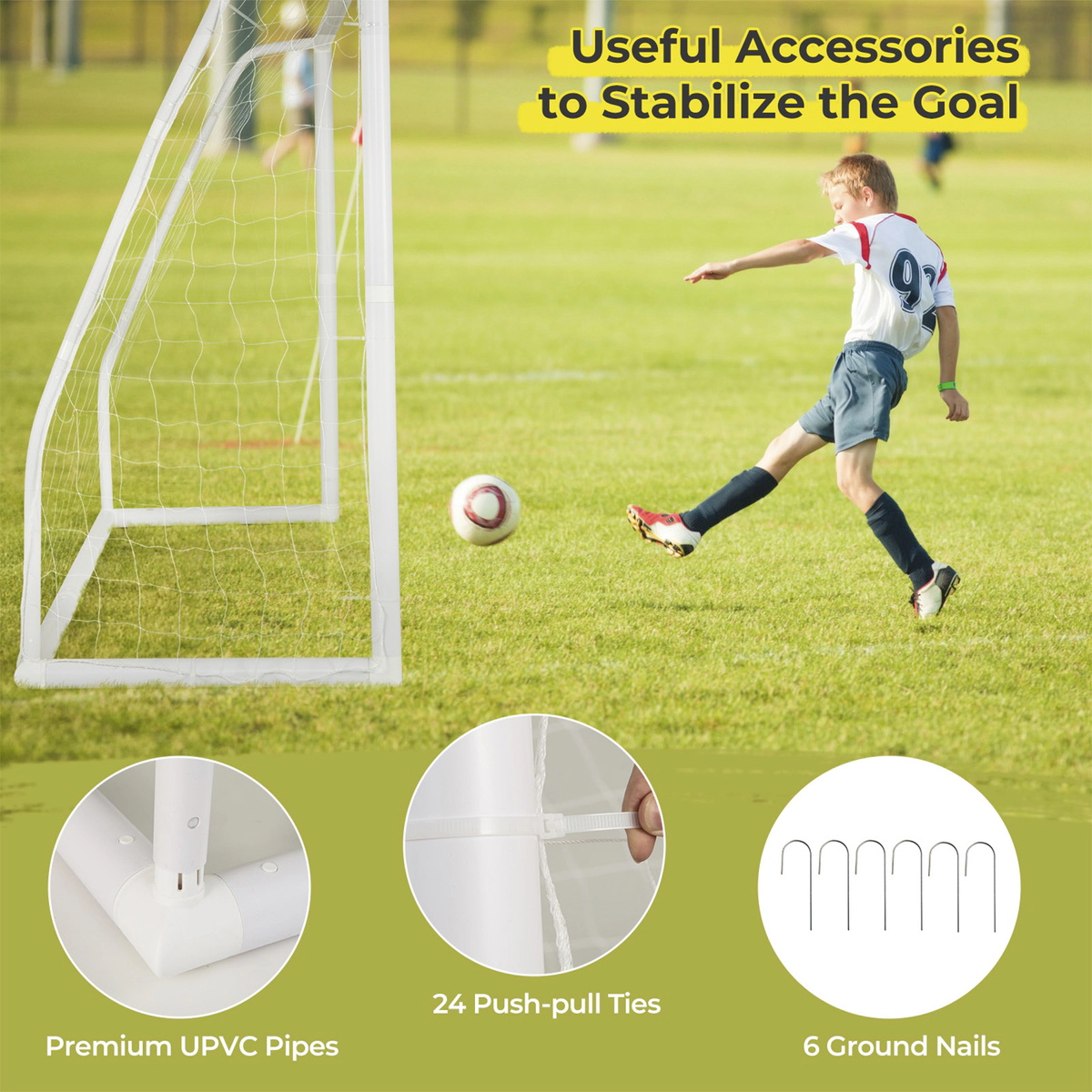 SUGIFT 8-ft by 6-ft Weather-Resistant UPVC Soccer Goal with Sturdy PE Net Ground Stakes and 5 Cones