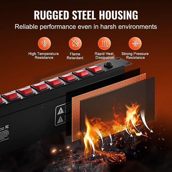 HONGGE 1U PDU, Rack Mount Power Strip Fits Standard 19 Server Racks, with Switch Surge Protection & Overload Protection