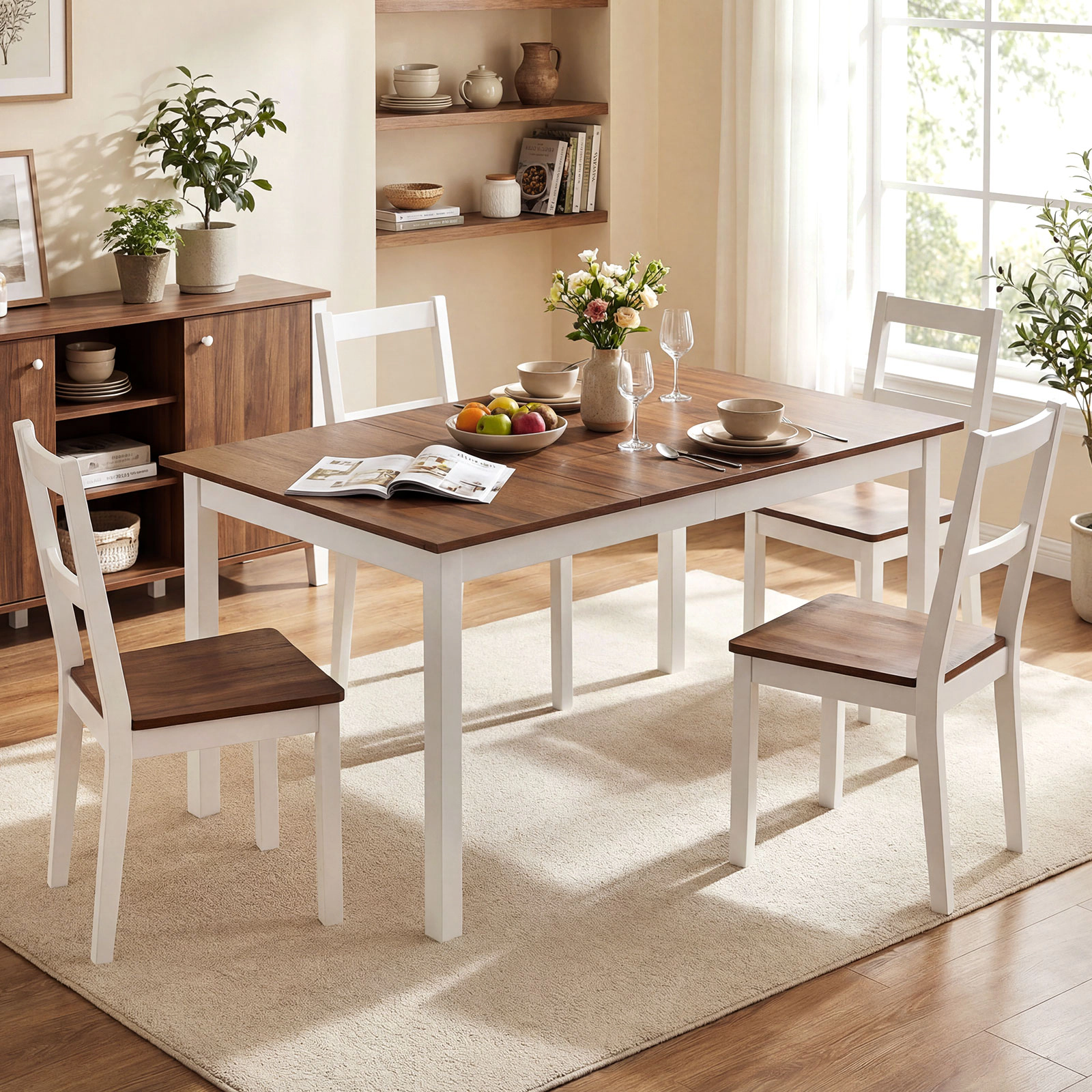 LJG 60 Inch Rectangular Dinner Table with Solid Rubber Wood Legs