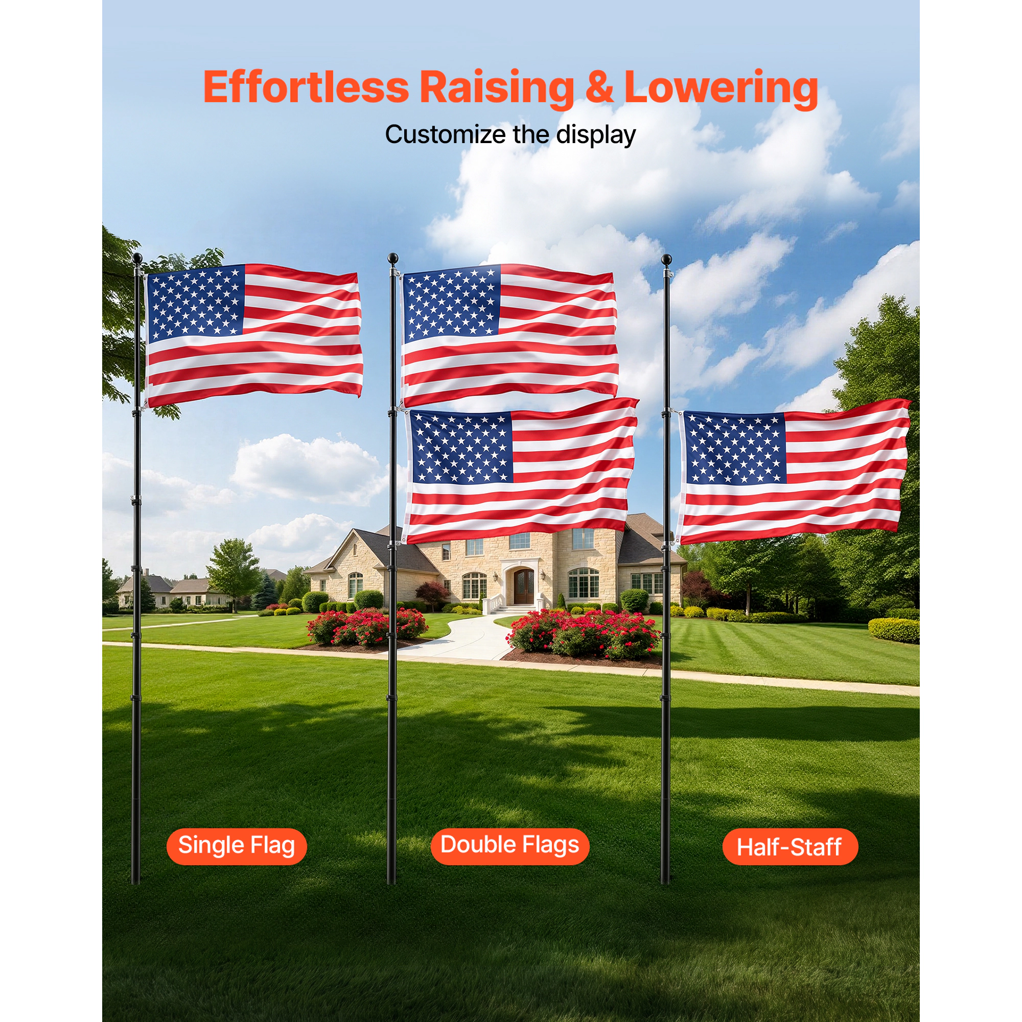HONGGE Flag Pole Heavy Duty Telescopic Flagpole Kit with for Outdoor Aluminum Flagpole with 3x5 American Flag for Black