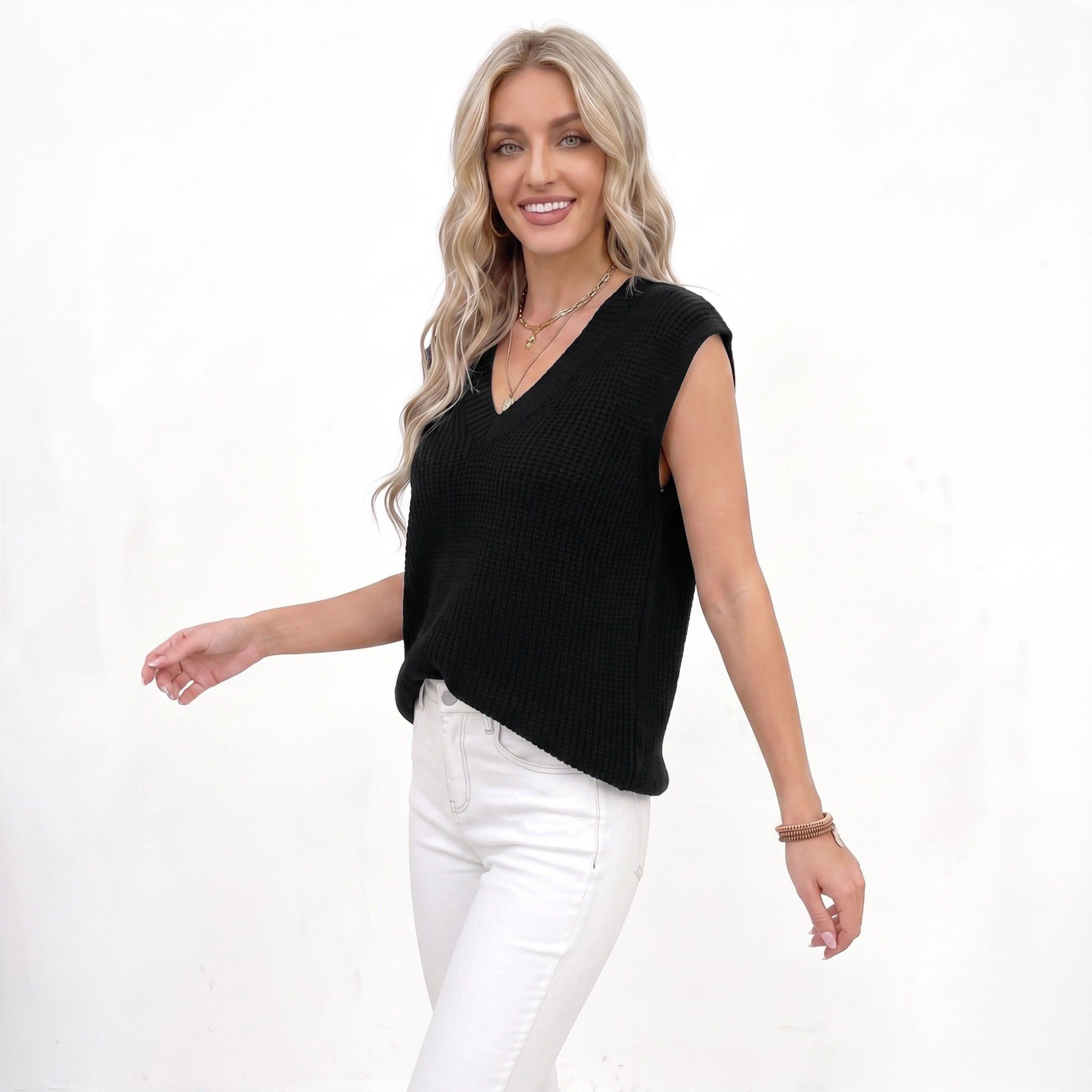 Anna-Kaci Women's V Neck Sweater Vest Sleeveless Textured Knit Pullover Top
