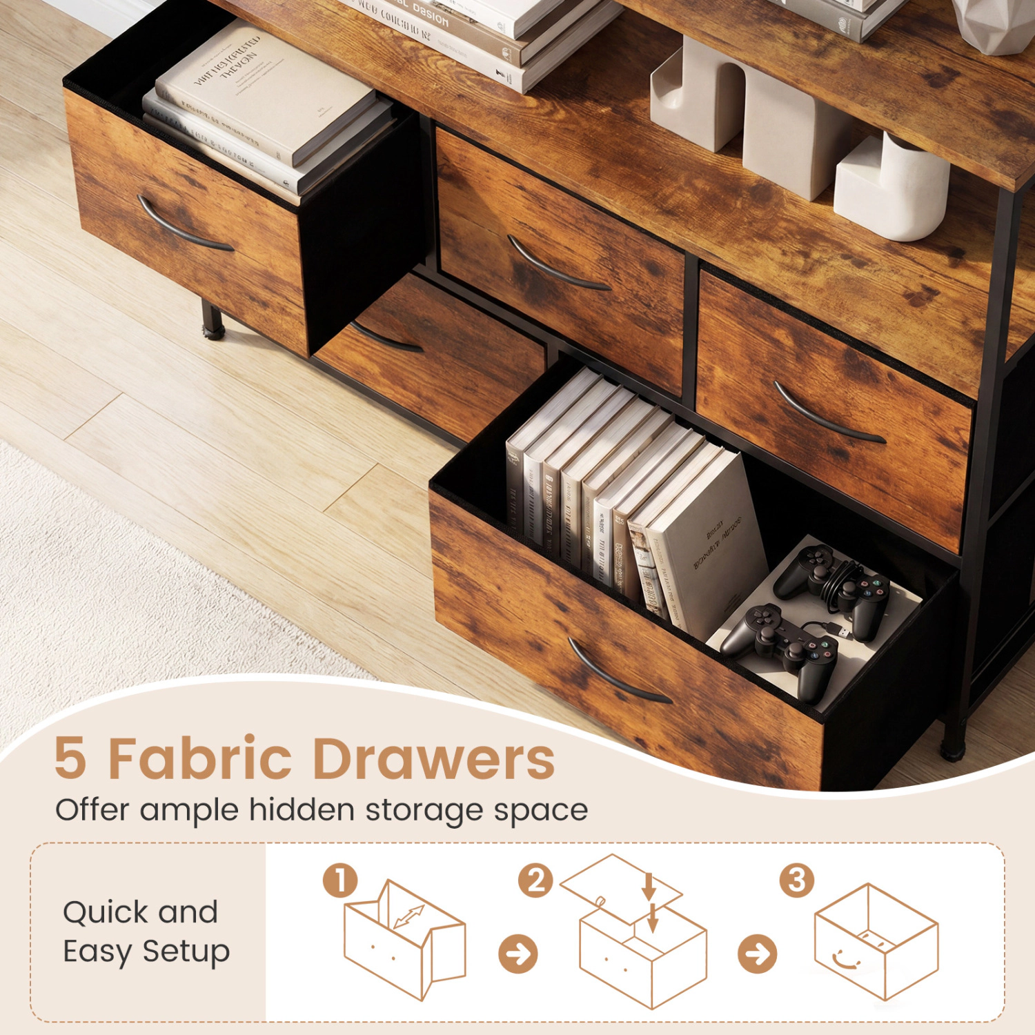 Glintex 39.5-Inch TV Stand Dresser with 5 Fabric Drawers and Open Shelf, Rustic Brown