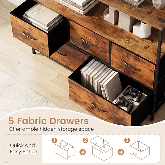 Glintex 39.5-Inch TV Stand Dresser with 5 Fabric Drawers and Open Shelf, Rustic Brown