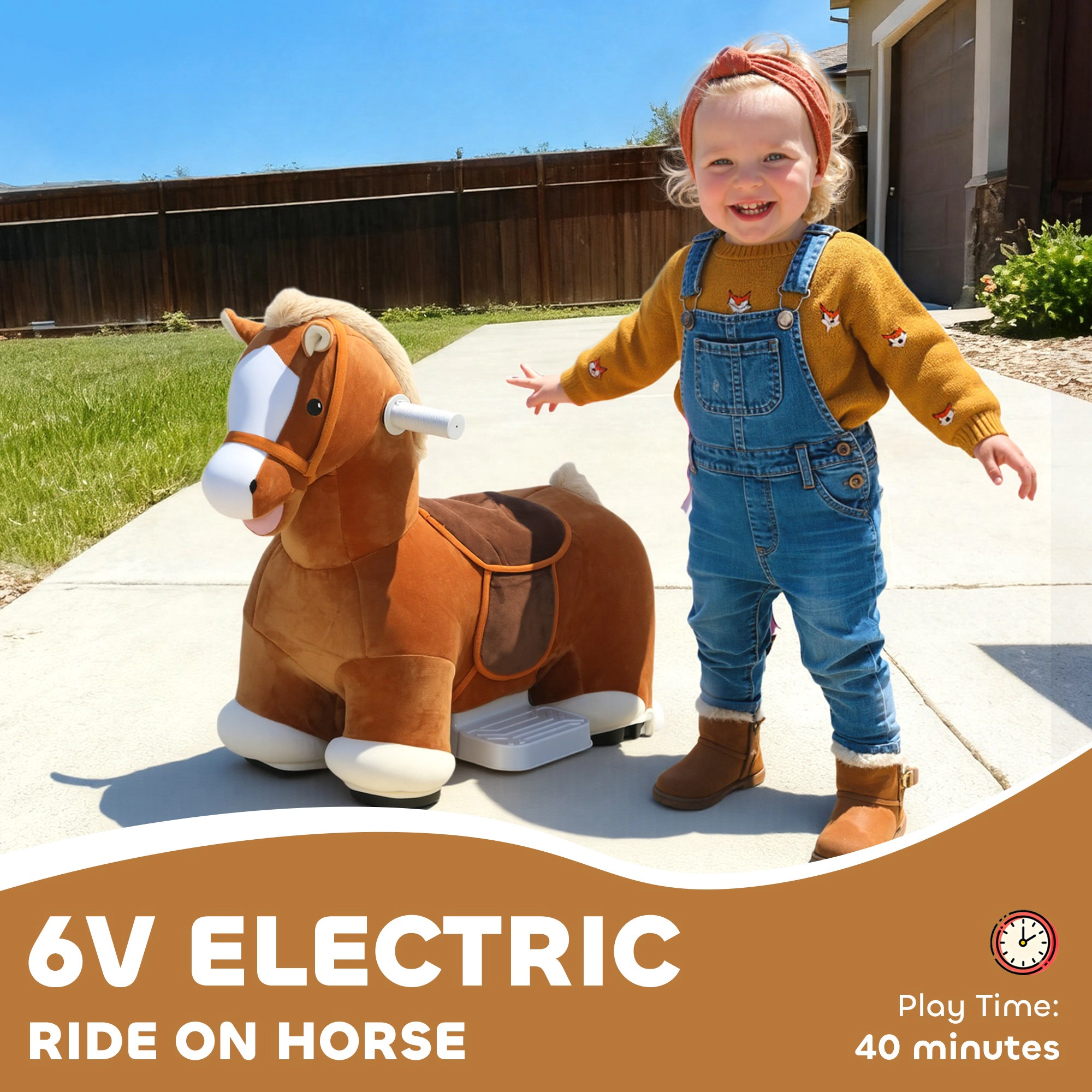 HONGGE 6V Kids Ride-On Pony Toy with Foot Pedal, Music, Washable Cover, Brown, Ages 18 Months-5 Years