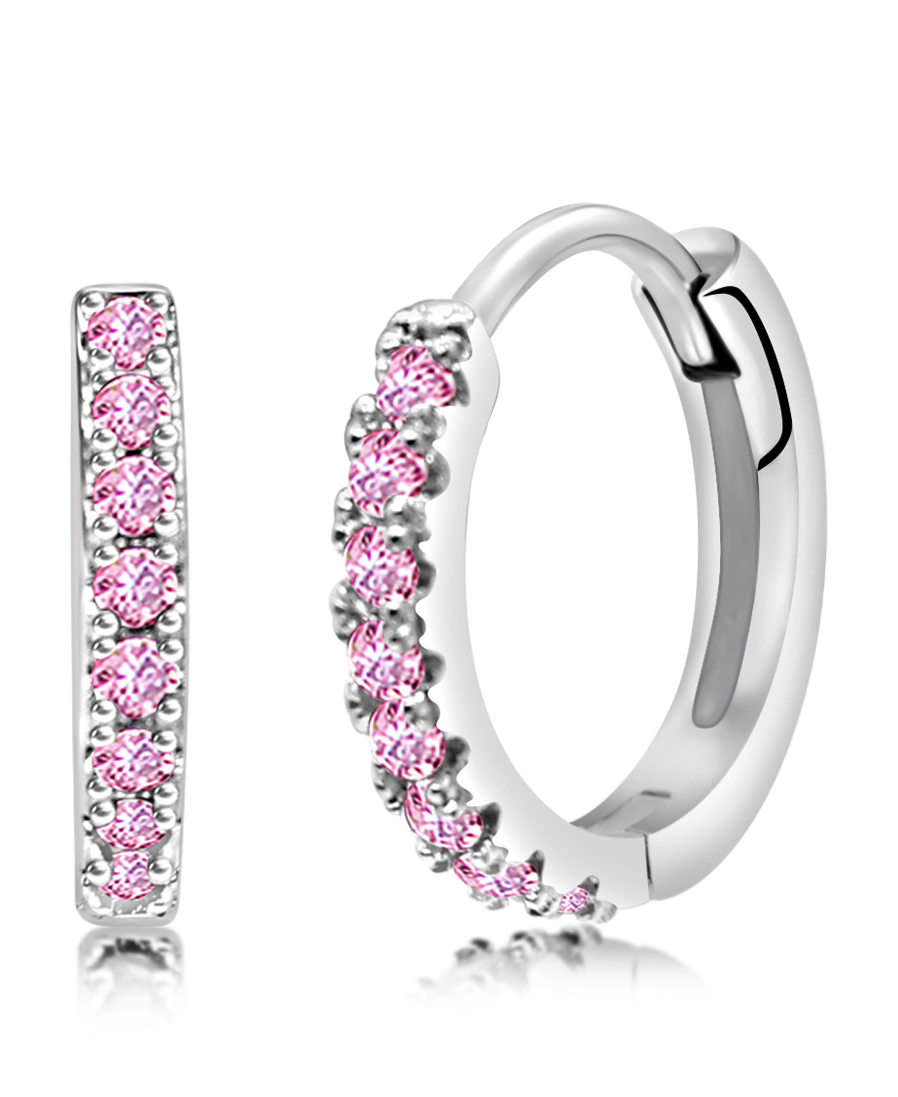 CHANTEUR Kids Pink Crystal Huggie Hoop Earrings - White Gold Palladium Plating, Nickel/Lead/Cadmium Safe