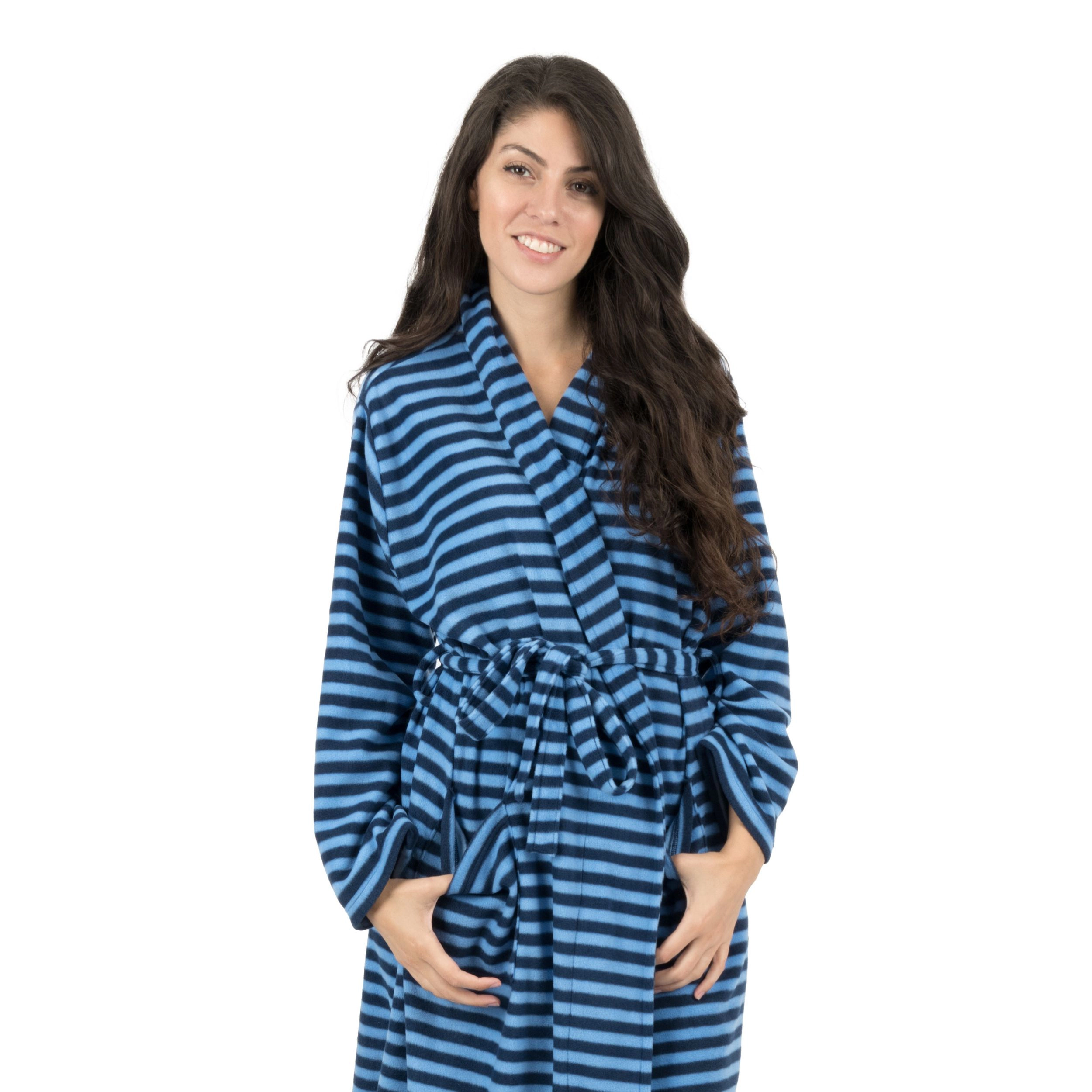 Leveret Womens Blue & Navy Striped Micro Fleece Robe