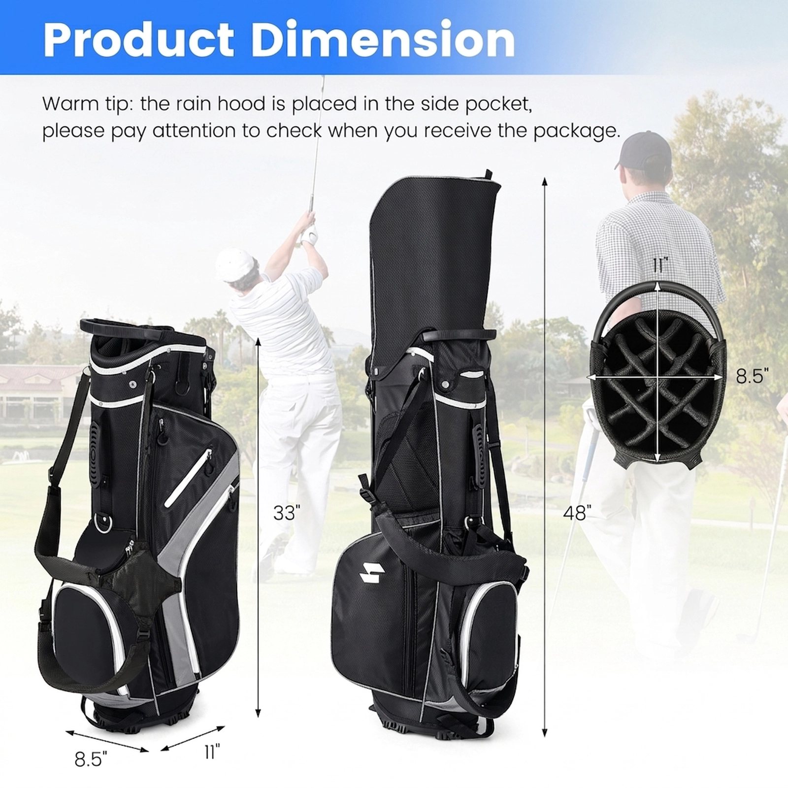 Lightweight Golf Stand Bag 14-Way Top Dividers 6 Zippered Pockets Rain Hood Adjustable Shoulder Strap Gray