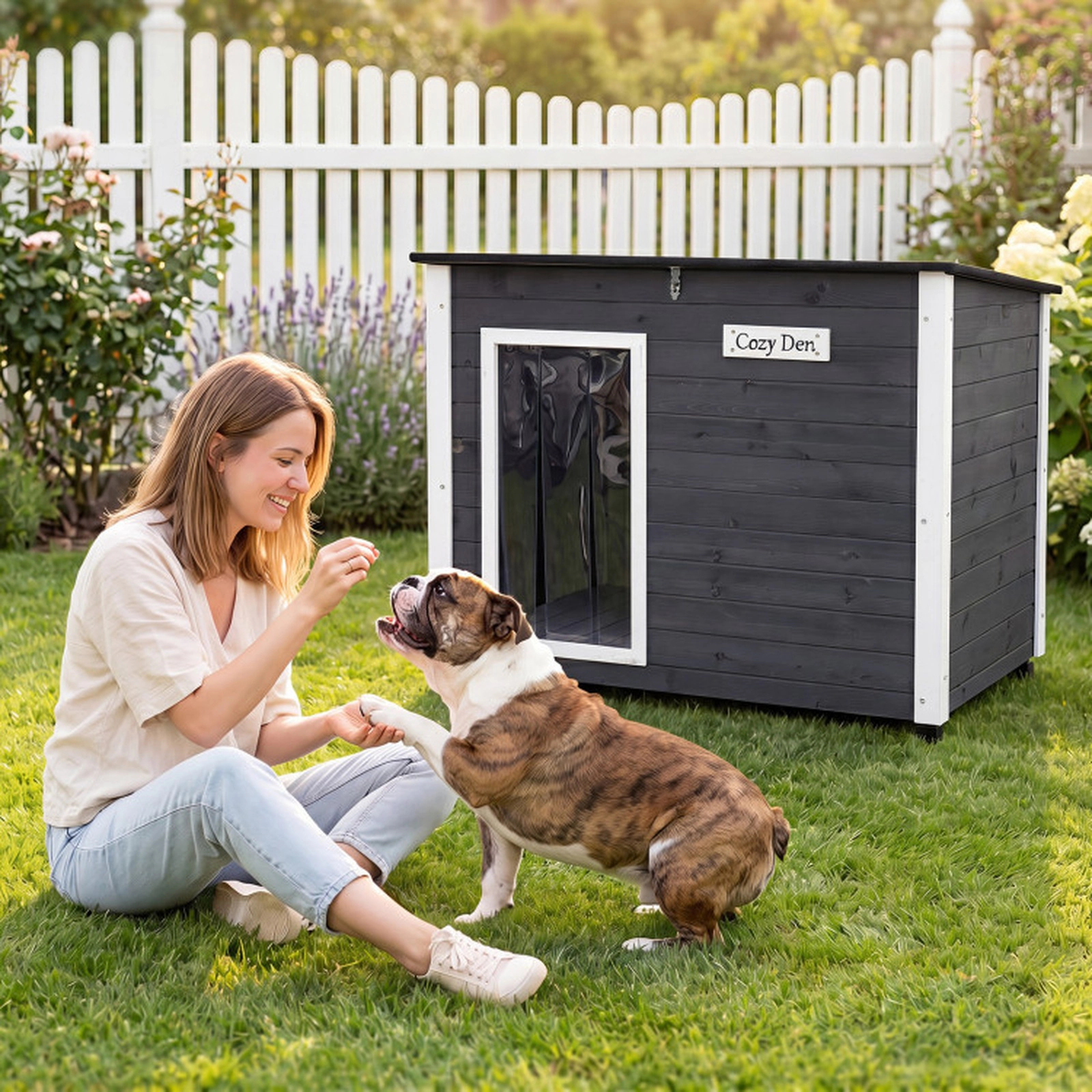 SUGIFT Gray Wooden Outdoor Dog House with Spruce Frame Removable Floor Asphalt Roof and PVC Curtain