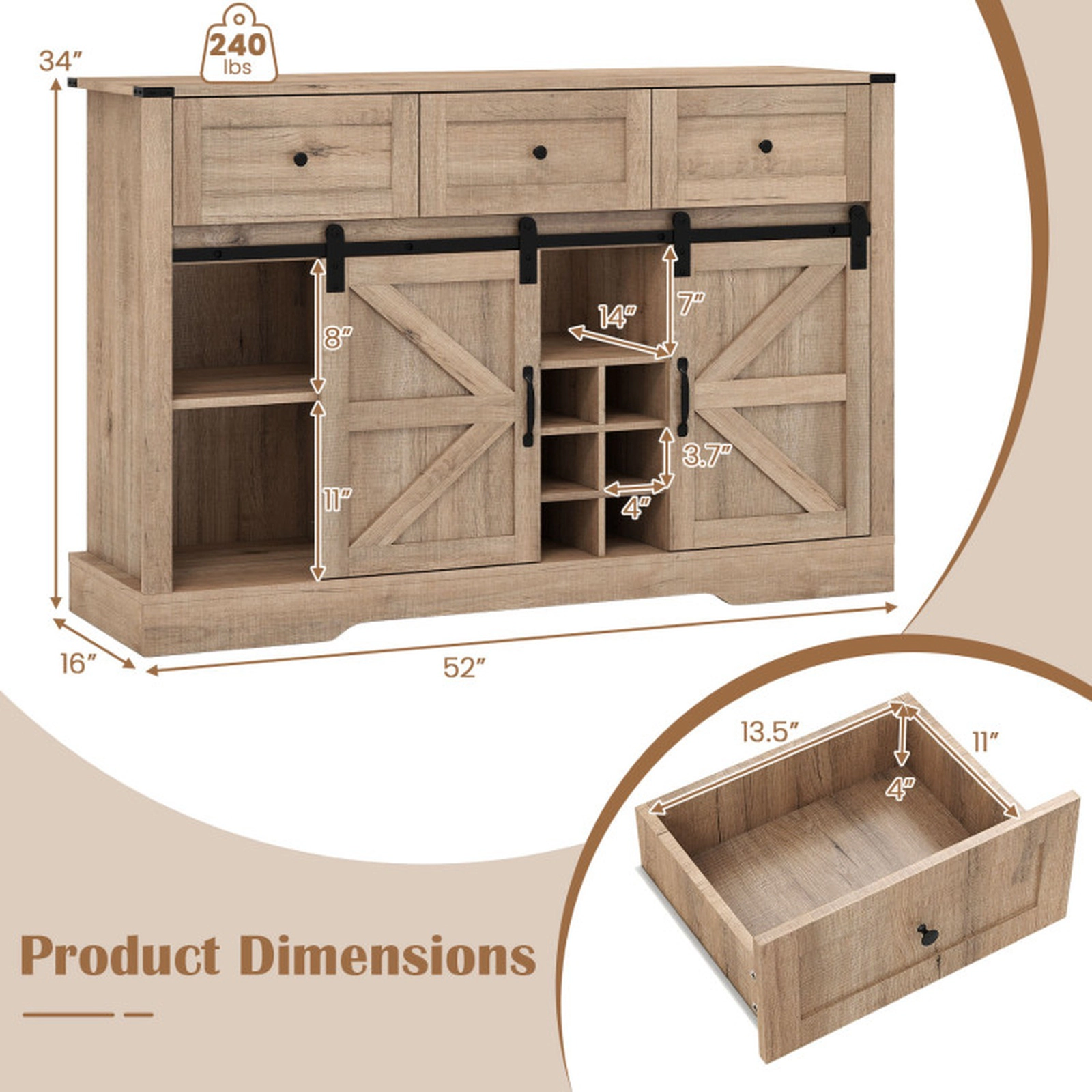 SUGIFT 52-in 240-lb Shelf Wine and Liquor Cabinet with LED Lights Remote Control and Sliding Barn Doors