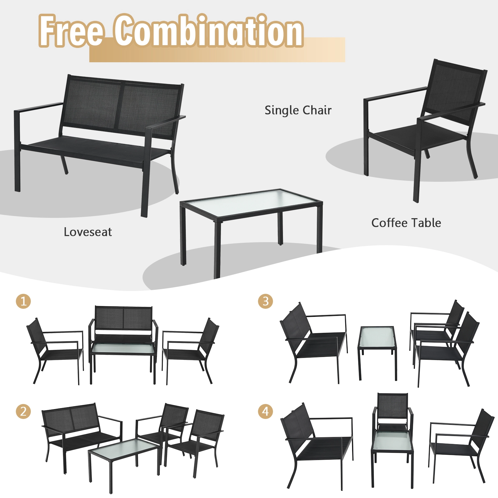 SUGIFT Gray 4-Piece Patio Conversation Set with Loveseat and Tempered Glass Table