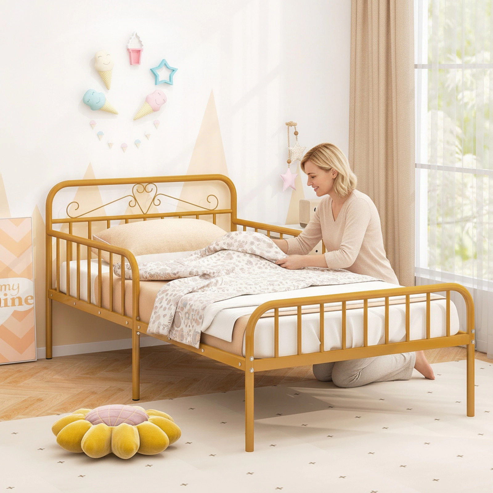 Twin Size Metal Bed Frame with Headboard and 10.5-in Safety Side Guardrails 485-lb Capacity 6 Support Legs Gold