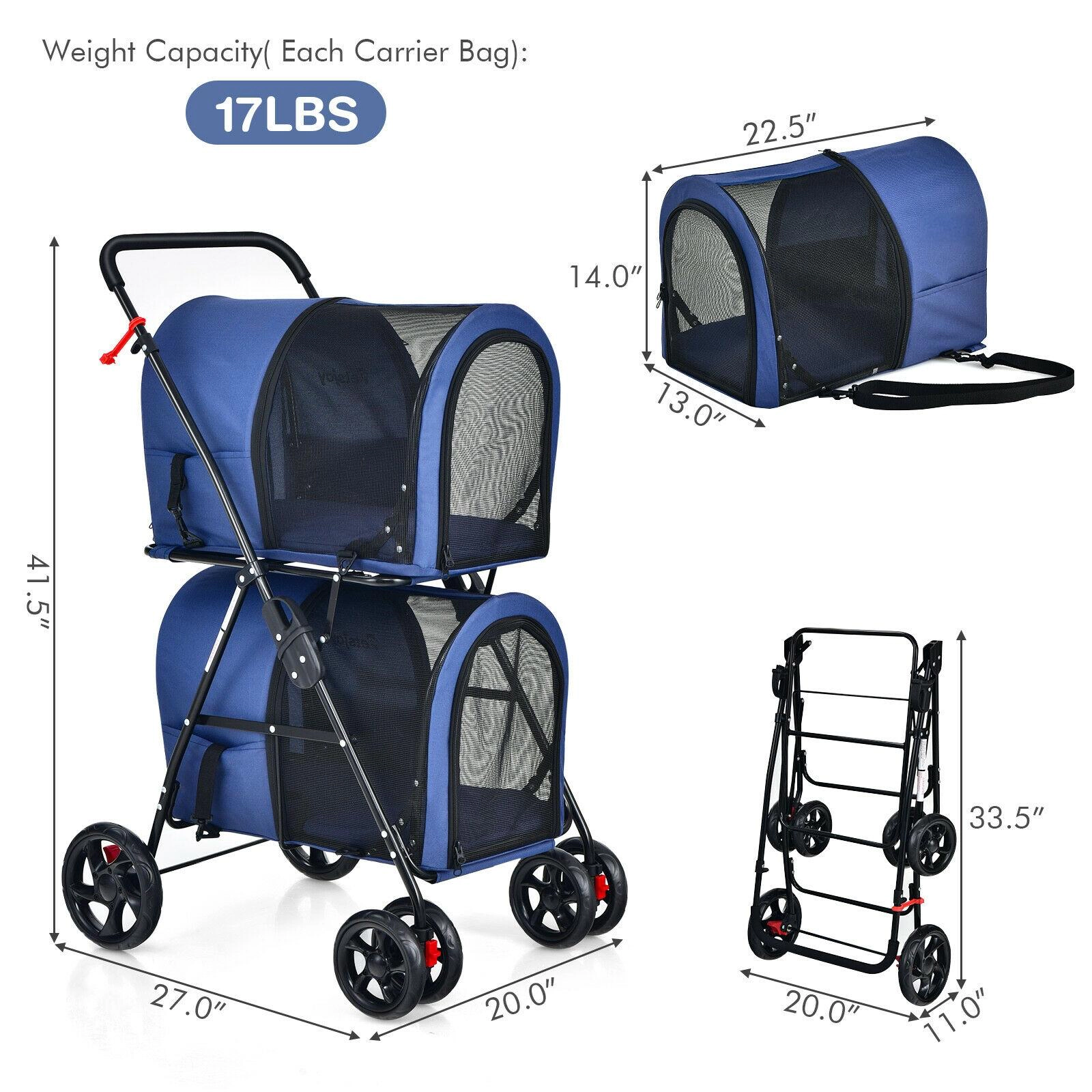 SUGIFT Blue 4-in-1 Double Decker Pet Stroller with 2 Detachable Carriers 20-in W 27-in D 41.5-in H 17-lb Per Deck