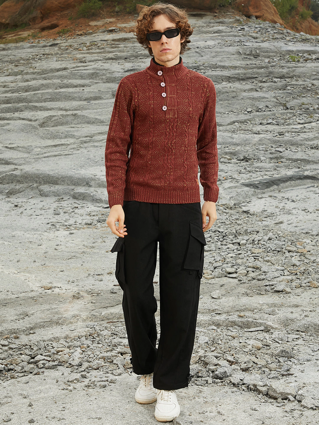 Campus Sutra Heathered Cable-Knit Sweater - Stand Collar, Long Sleeve, Brown
