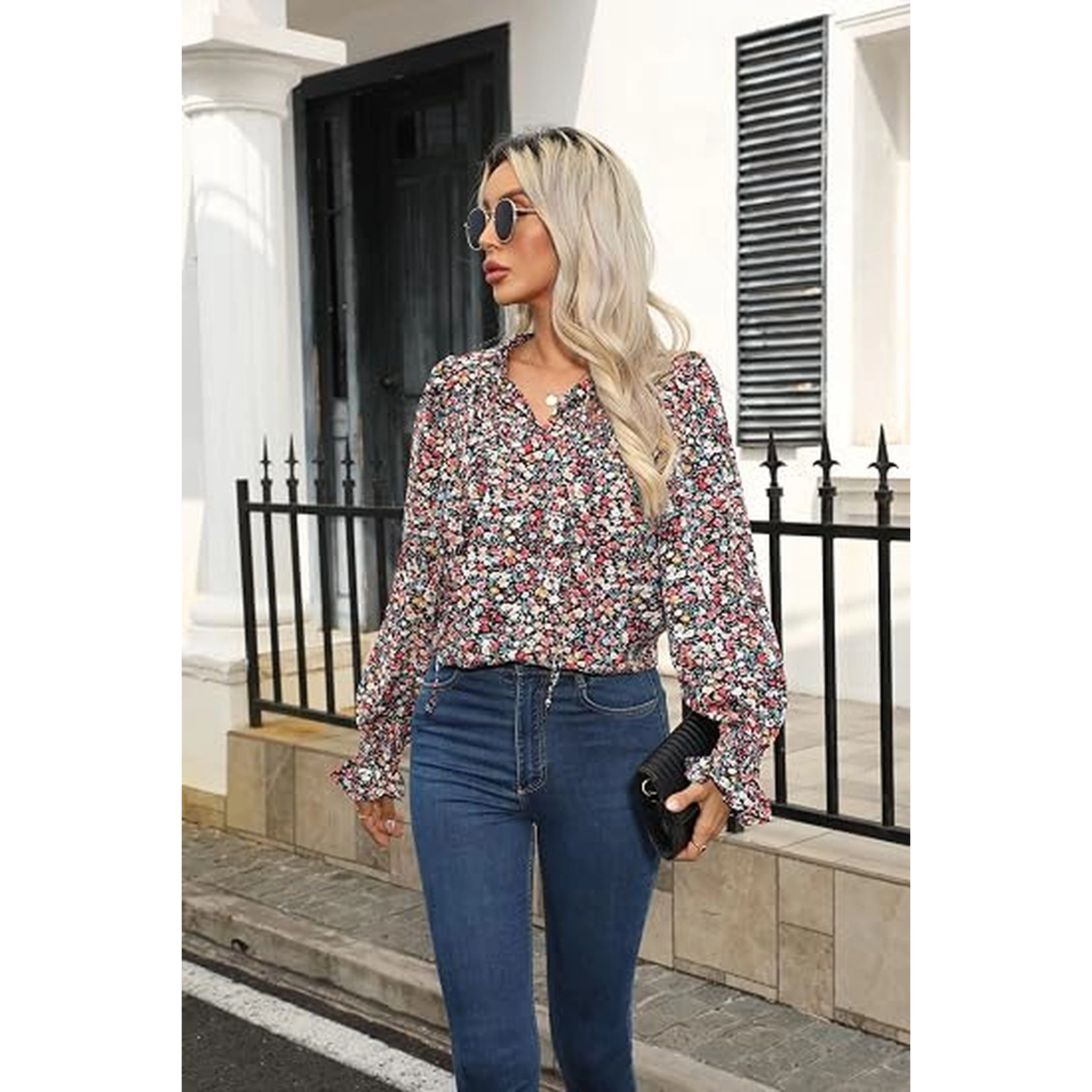 Zeagoo Woman Floral Printed Blouses Bohemian Long Sleeve Tops Boho Drawstring Shirts