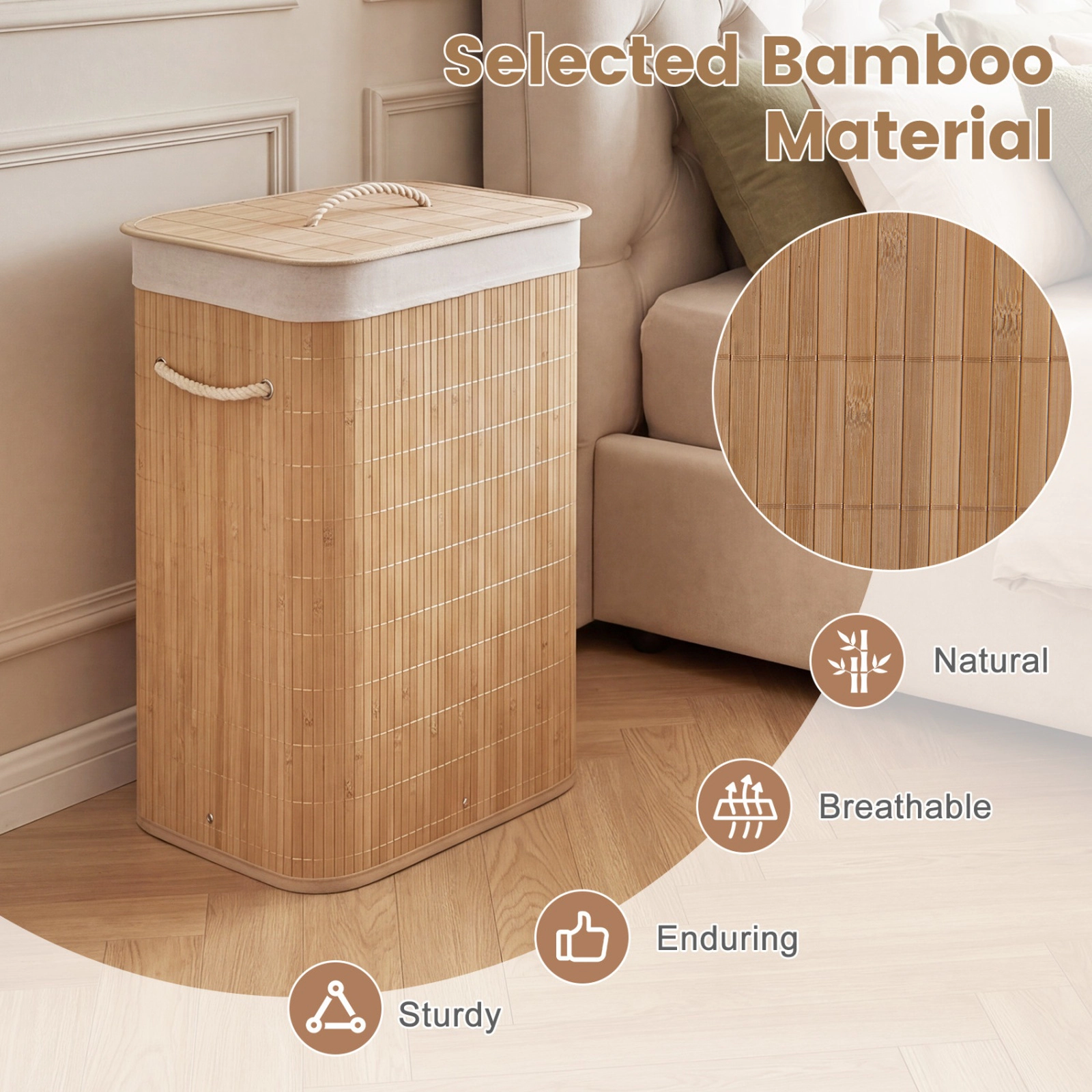 SUGIFT Natural Removable Liner and Carry Handles 19 Gal Bamboo Clothes Hamper