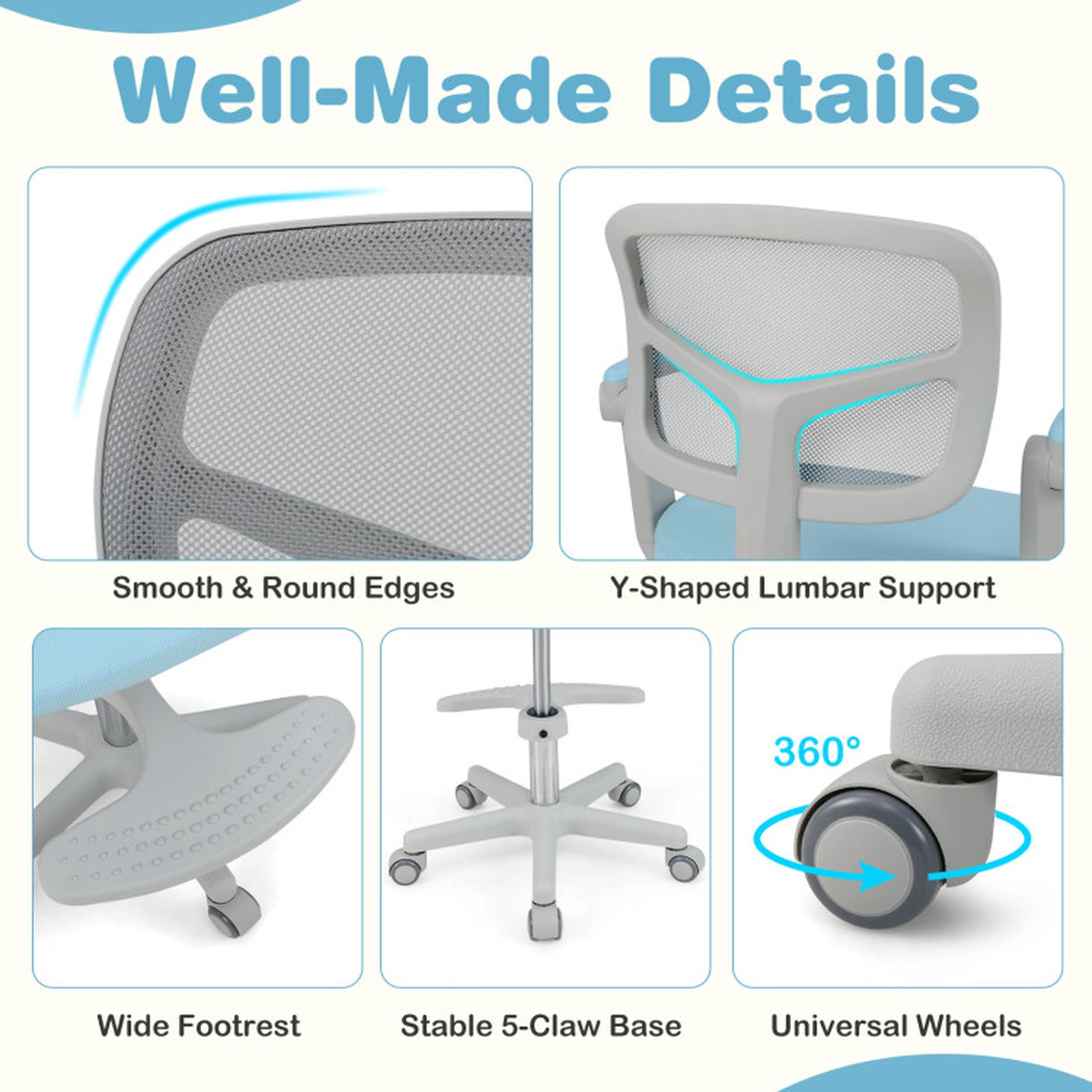 SUGIFT Adjustable Kids Study Chair with Swivel Seat Armrests Footrest and Mesh Back 330-lb Capacity Blue