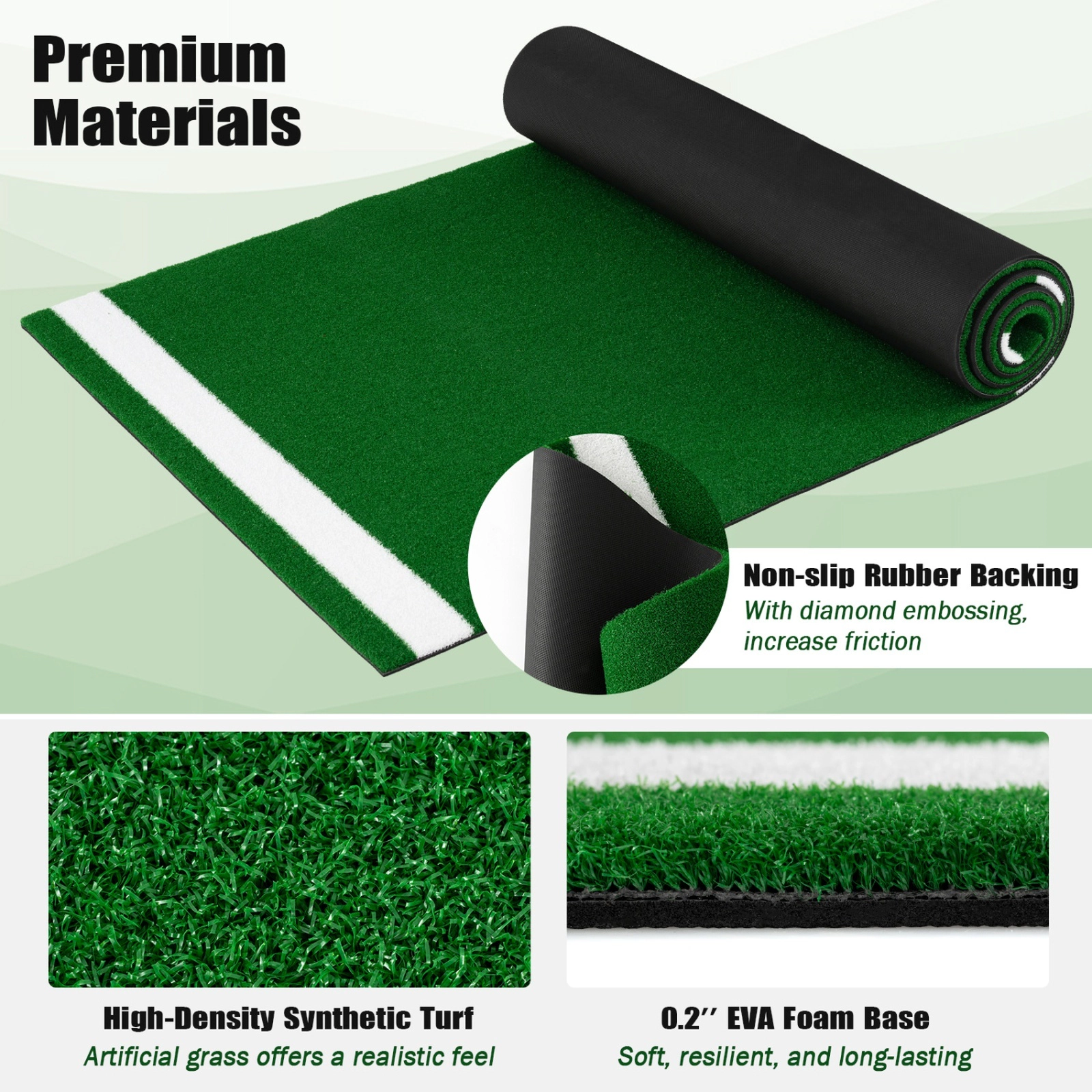 10-ft x 3.8-ft Baseball and Softball Hitting Mat Home Plate Markings Dual-Sided Batters Box Carry Strap Green Turf