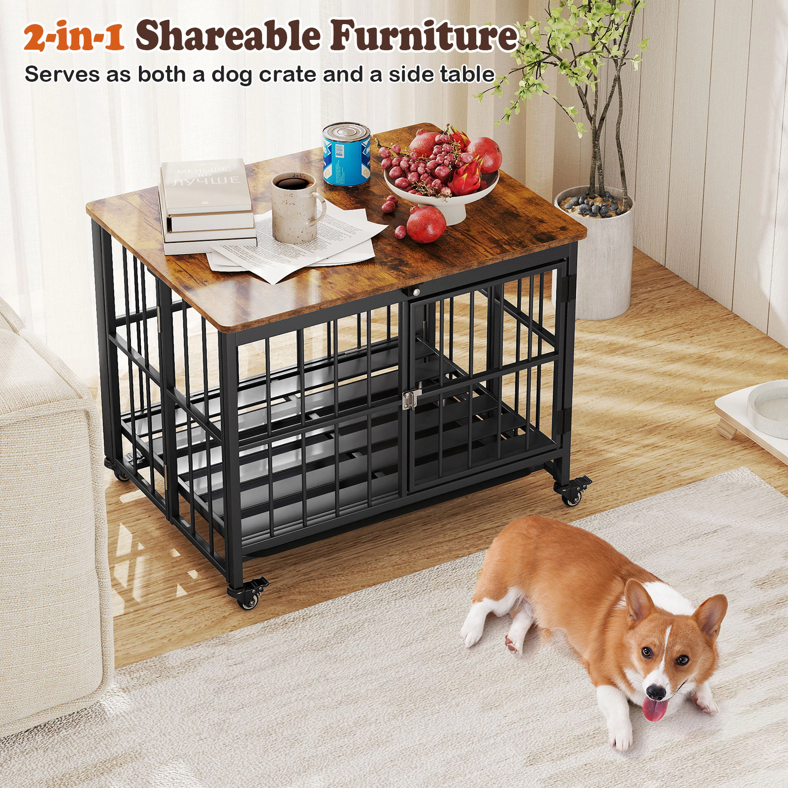 SUGIFT 38 in Foldable Dog Crate Furniture Rustic Brown with Removable Tray and Lockable Door