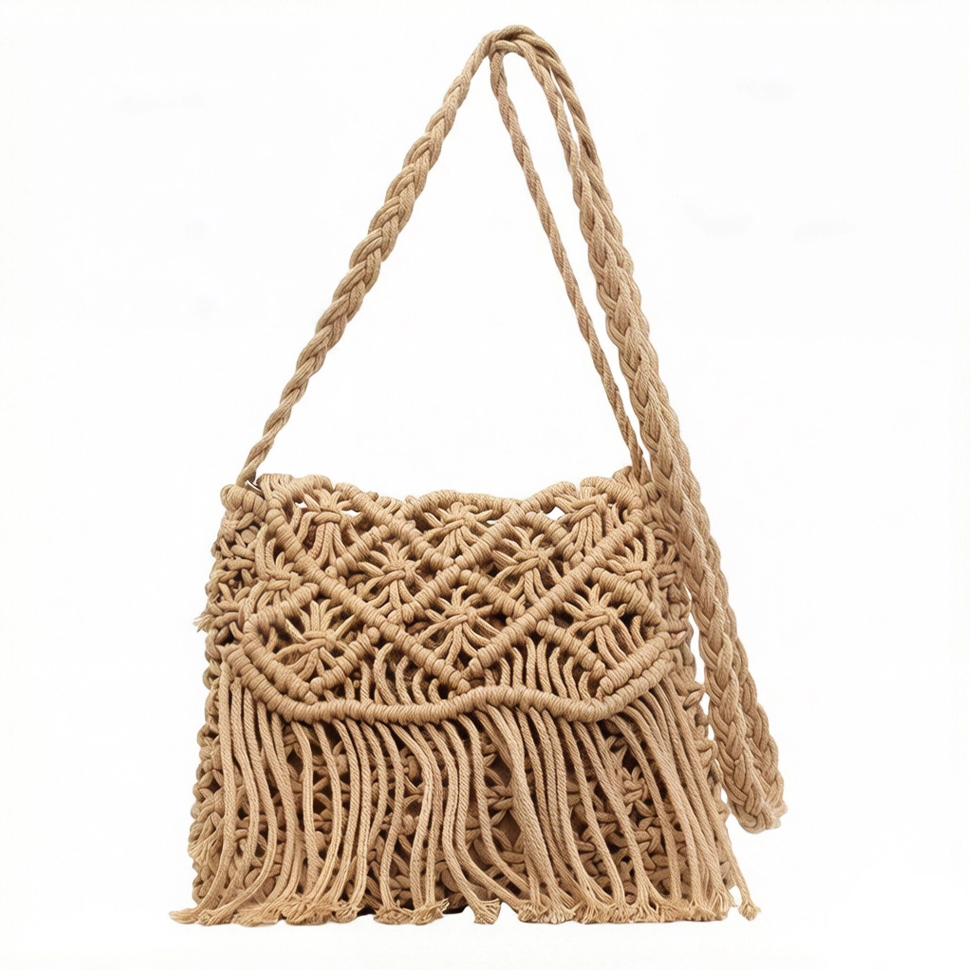 Alilang Women's Macrame Fringe Shoulder Bag Knotted Rope Crossbody Handbag Boho Woven Tassel Handmade Style Purse