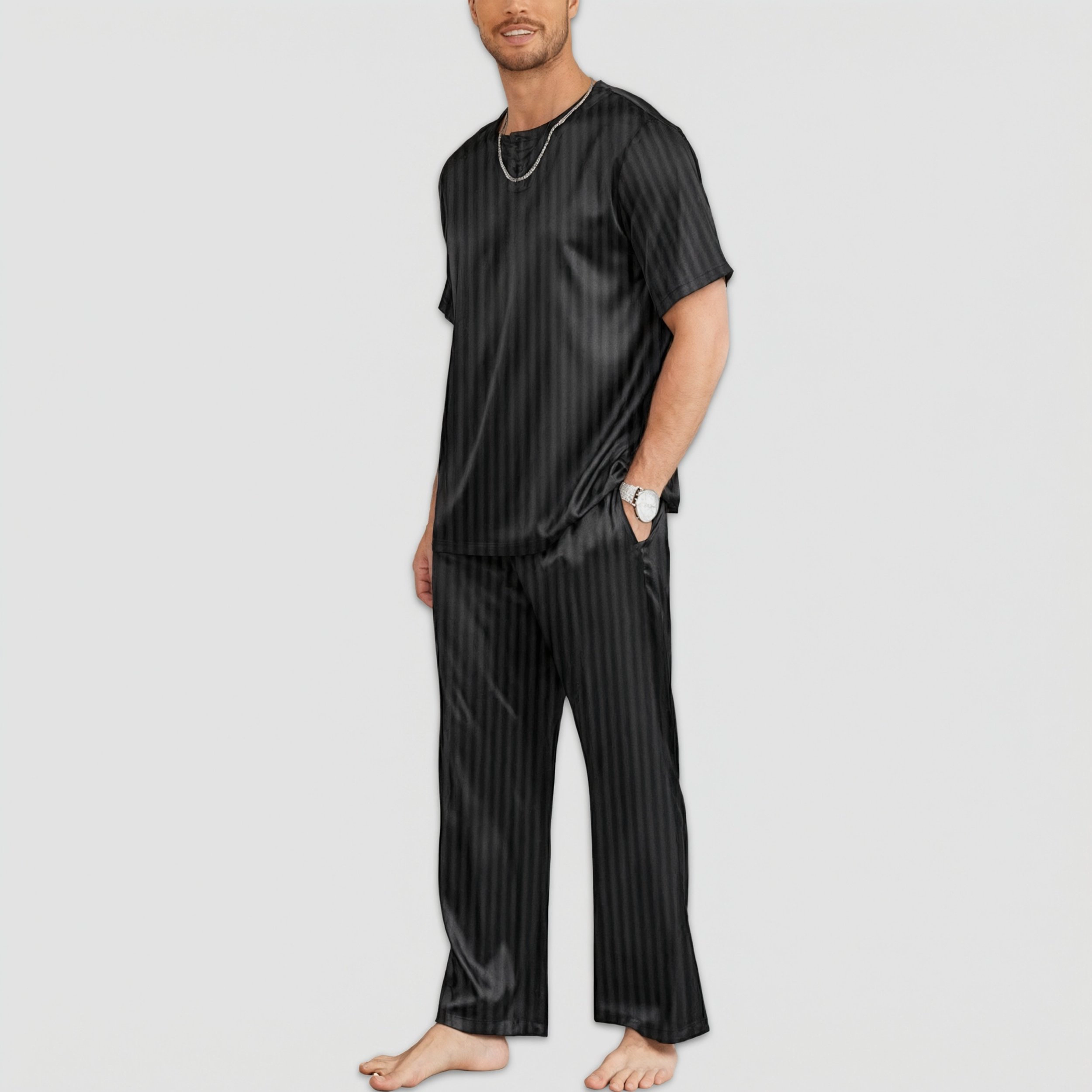 Ekouaer Silk Pajamas For Men Pjs Sleep Pant With Pockets Round Neck Wear