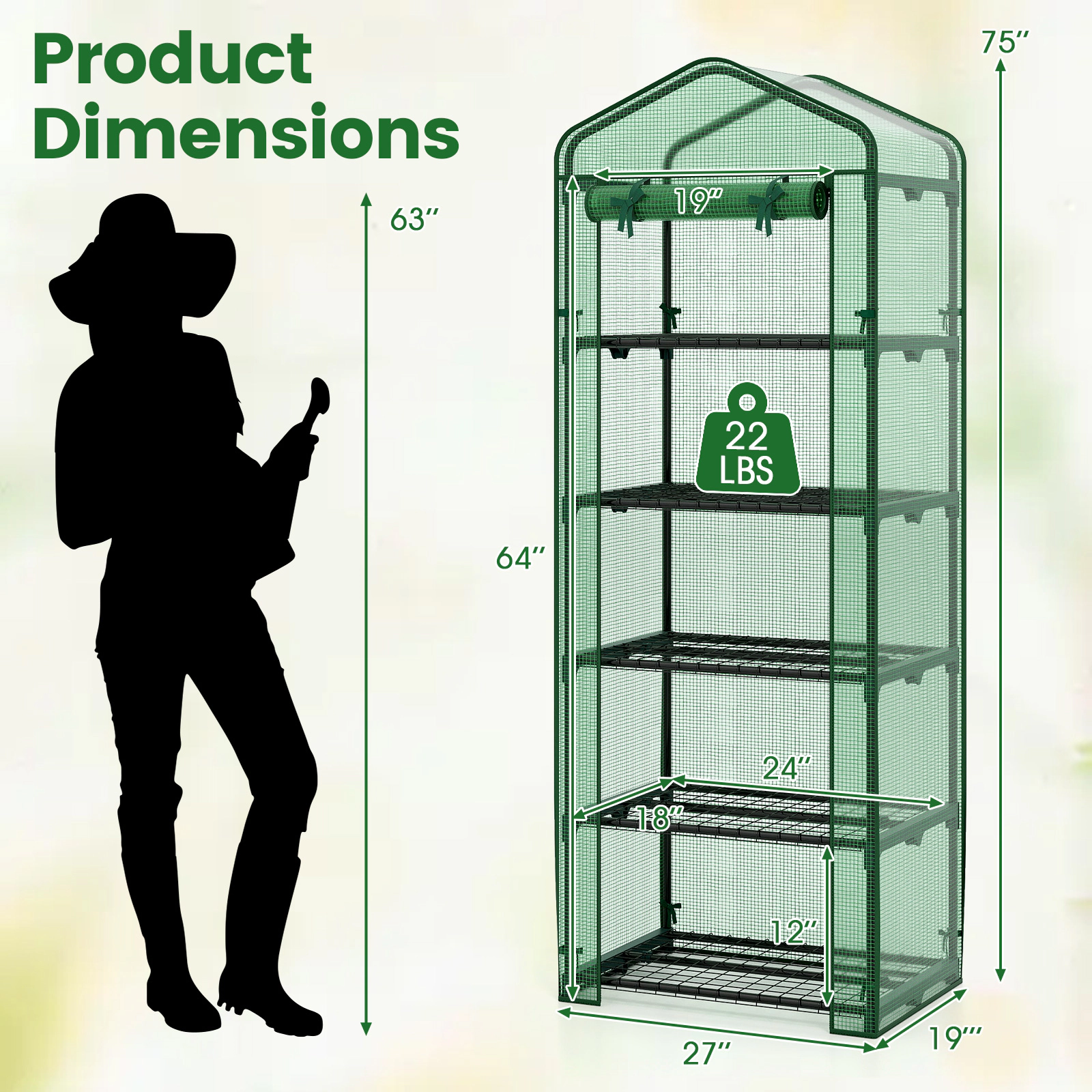 SUGIFT 75-in Tall Mini Greenhouse with 5-Tier Shelves Portable Plant Grow House and Roll-Up Zipper Door