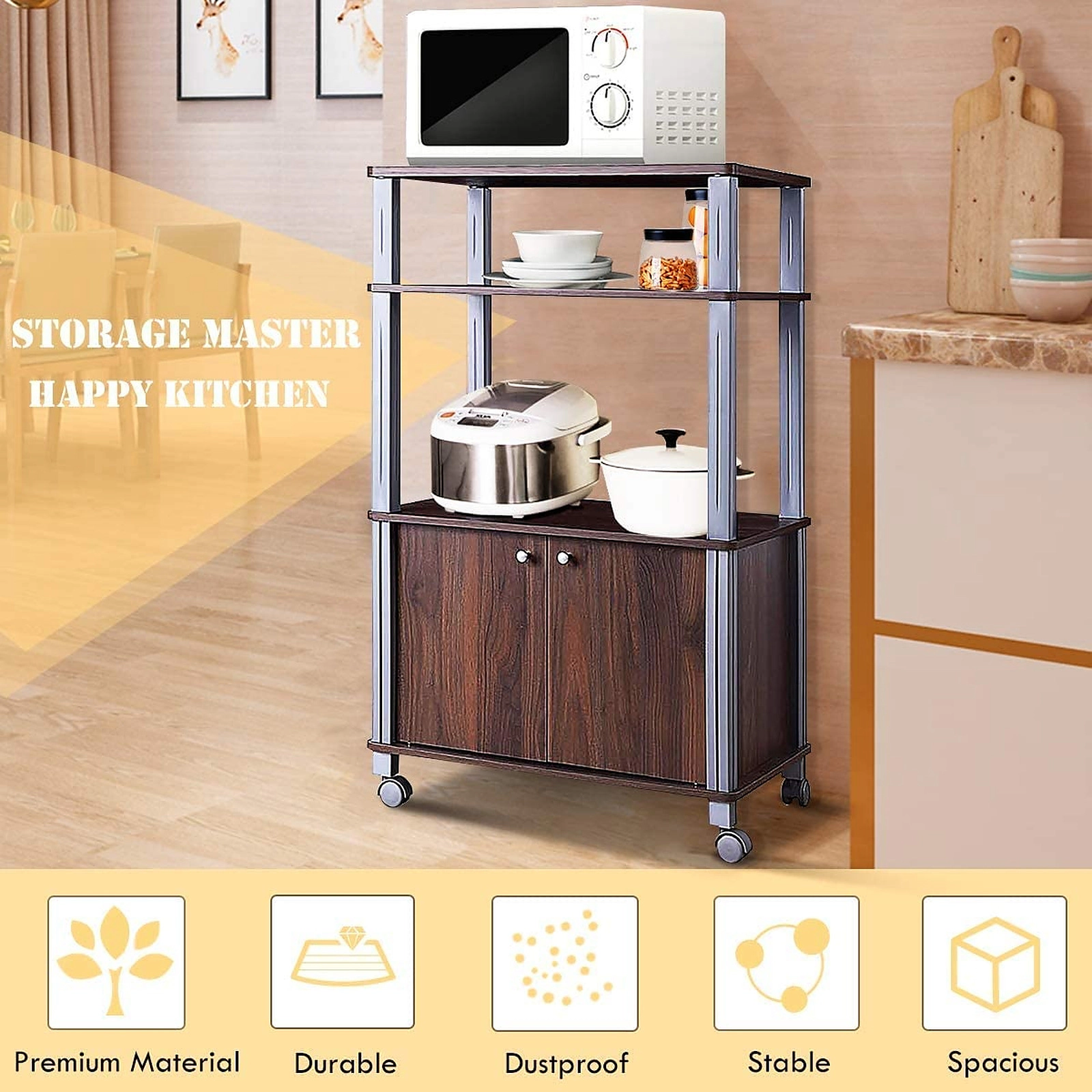 SUGIFT Walnut Rolling Kitchen Cart Microwave Rack Stand with 2-Door Cabinet 23.5-in W 15.5-in D 38.5-in H
