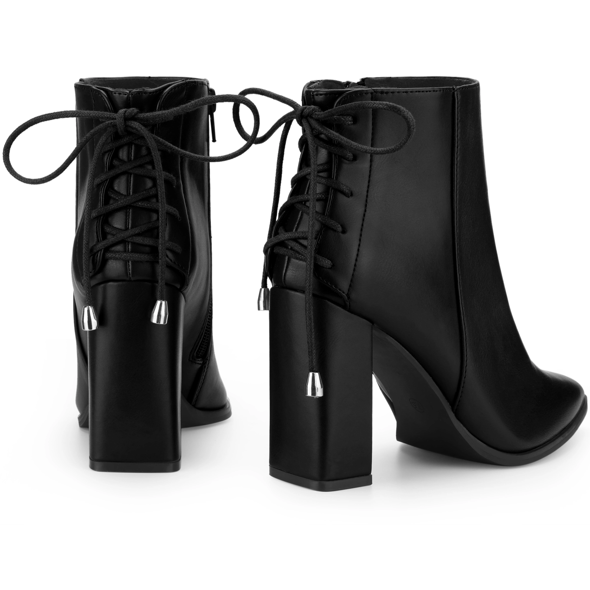 BLISSFUL STEP Women Faux Leather Pointed Toe Back Lace Up Chunky Heel Ankle Boots