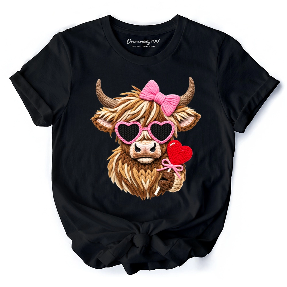 OrnamentallyYou Womens Highland Cow Faux-Yarn Valentine T-Shirt