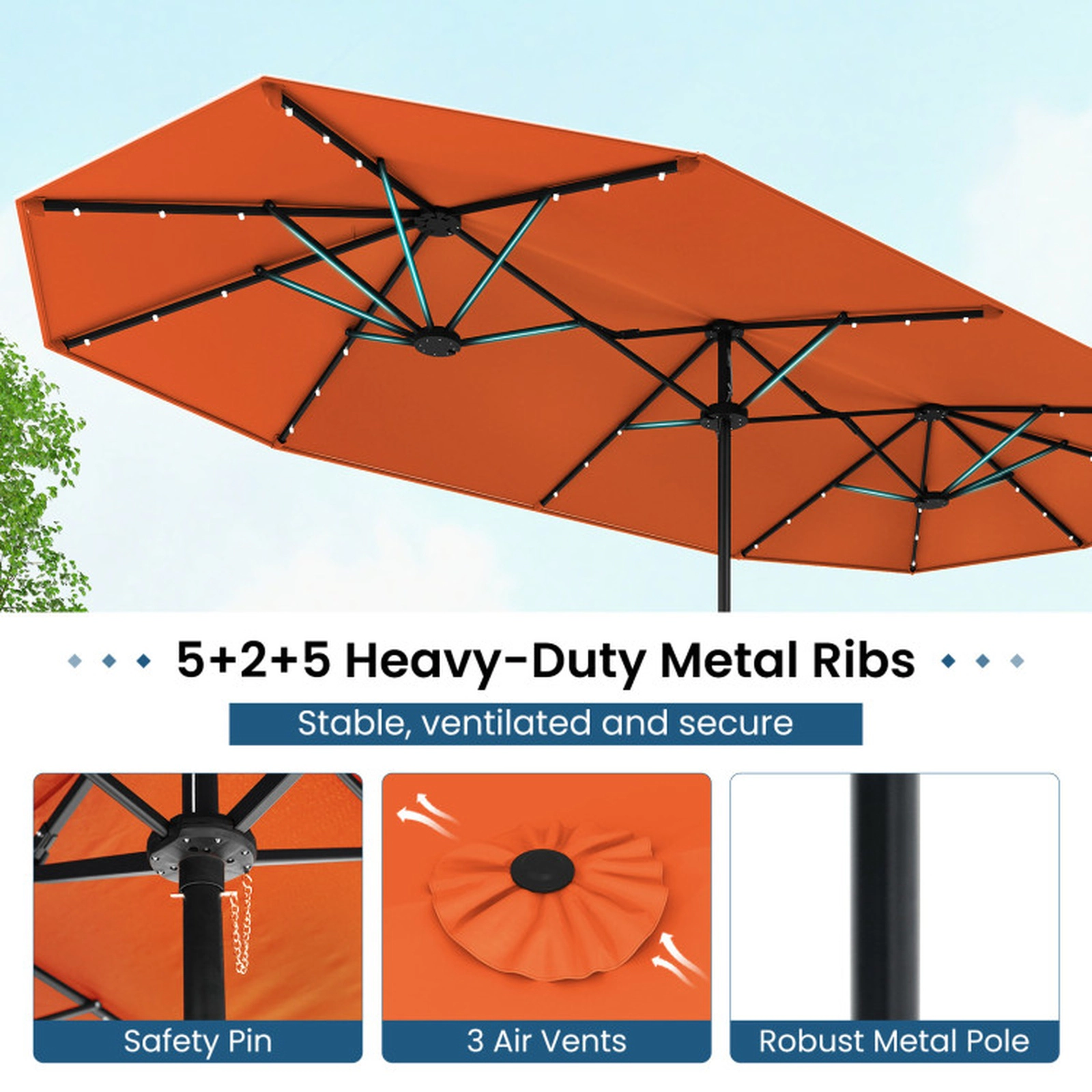SUGIFT 13-ft Patio Umbrella with Solar Lights and Cross Base 32-lb Net Weight for Garden Pool Backyard Orange