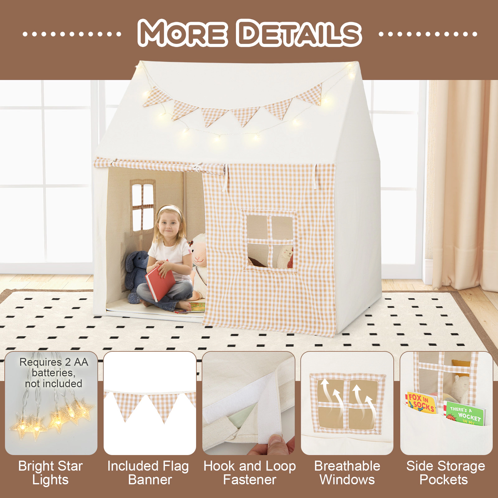 SUGIFT Beige Padded Mat and 2 Breathable Windows Large Kids Play Tent Playhouse