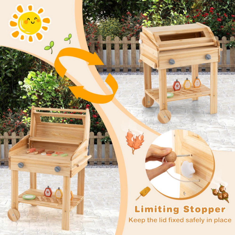 SUGIFT Kids Wooden Barbecue Grill Playset Pretend Kitchen with 25-Piece Food Set Ages 3+ 21-in Wide Natural
