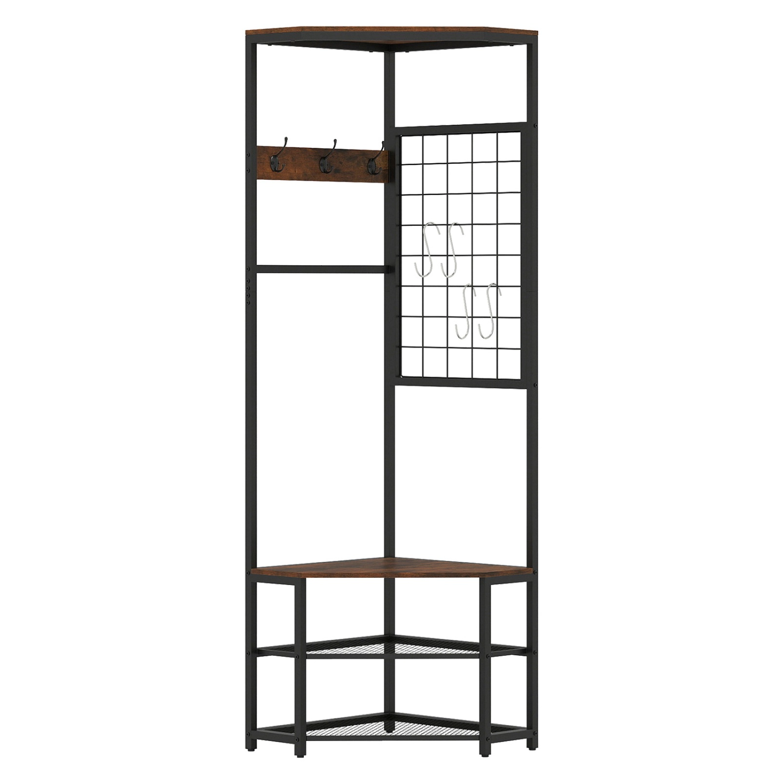SUGIFT Corner Hall Tree Freestanding Coat Rack with Storage Shelves and Removable Hooks 220-lb Capacity Rustic Brown
