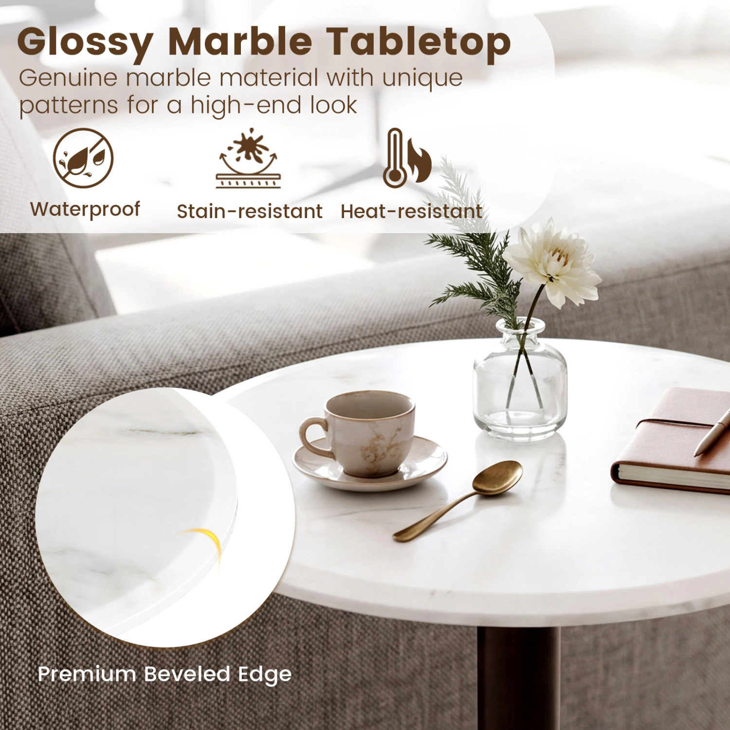 Glintex Round Genuine Marble Pedestal Side Table with Rubber Wood Column, White
