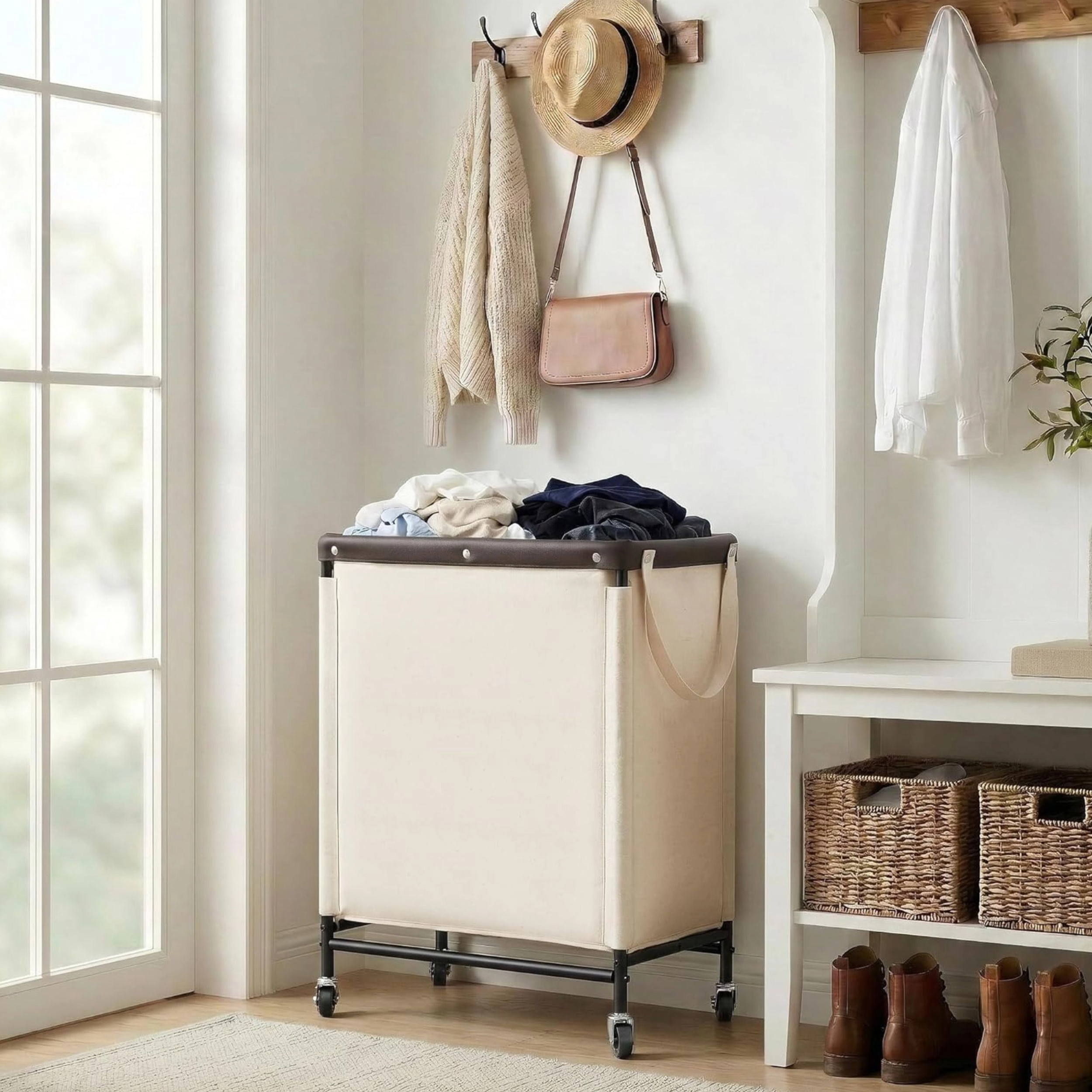 Stock Preferred 2 Section Laundry Hamper 100L Sorter Cart with Wheels Removable Bags Tan