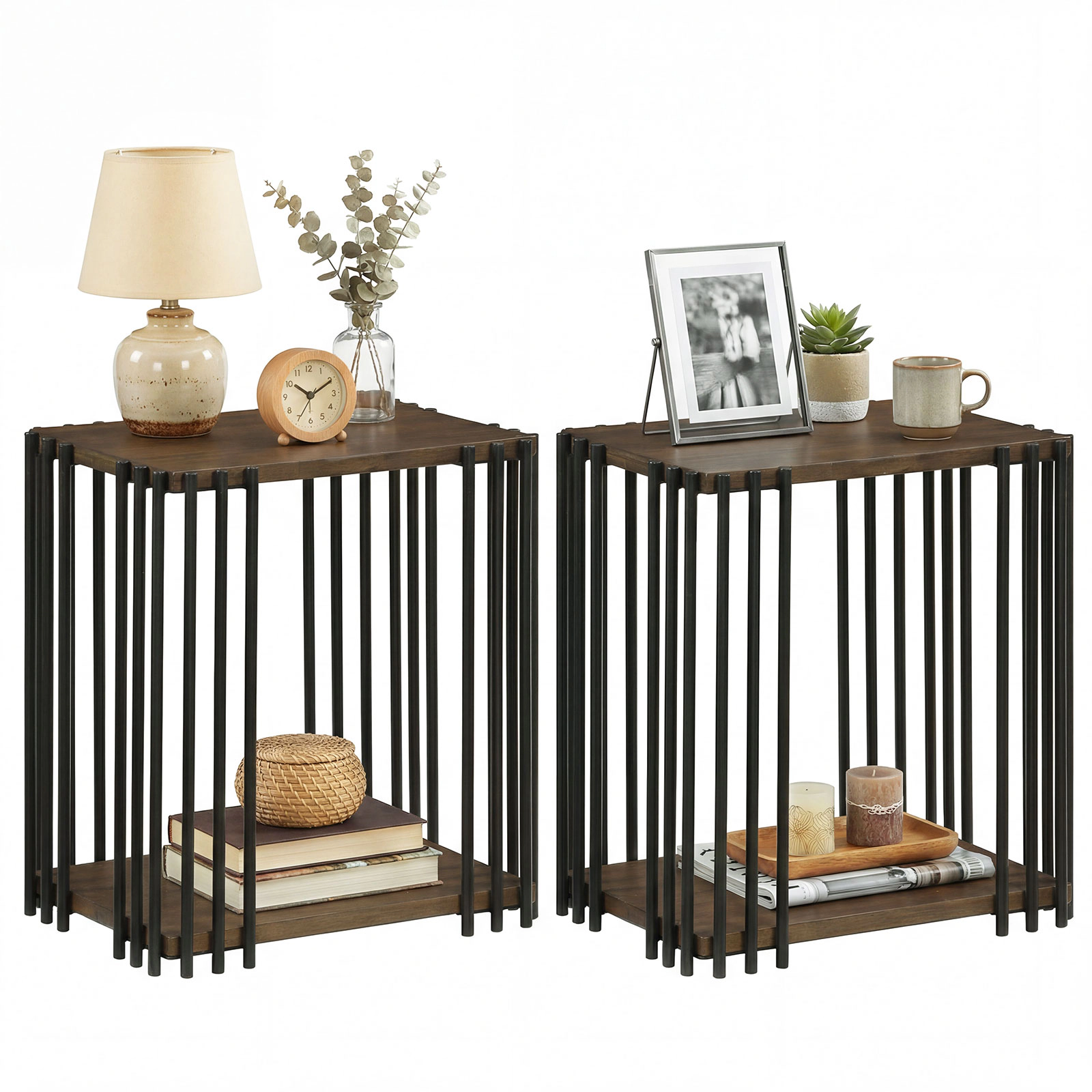 LJG Rubber Wood Side Table Set of 2 with 2-Layer Storage Shelves and Metal Frame