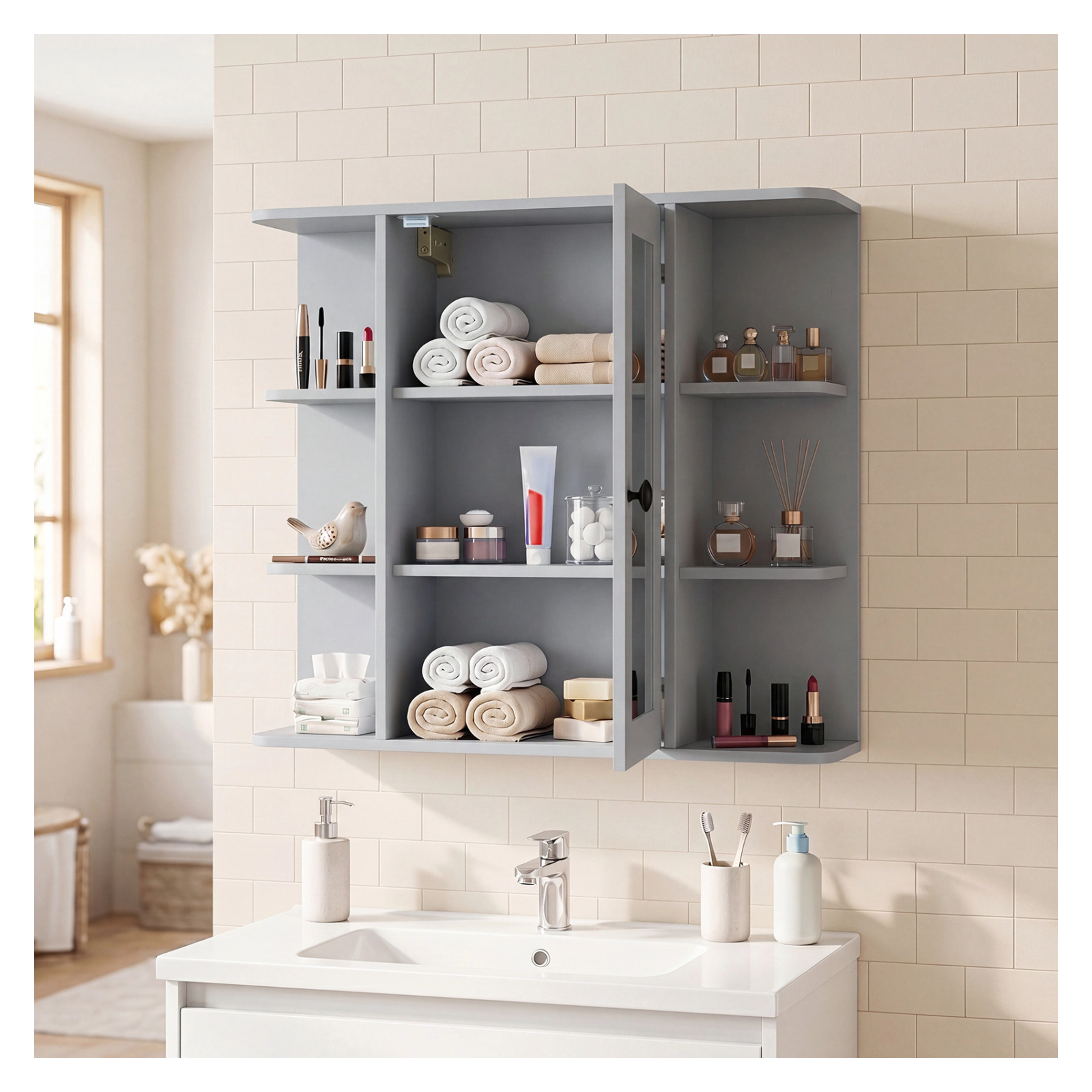Glintex Wall-Mounted Medicine Cabinet with Mirrored Door and 6 Open Shelves