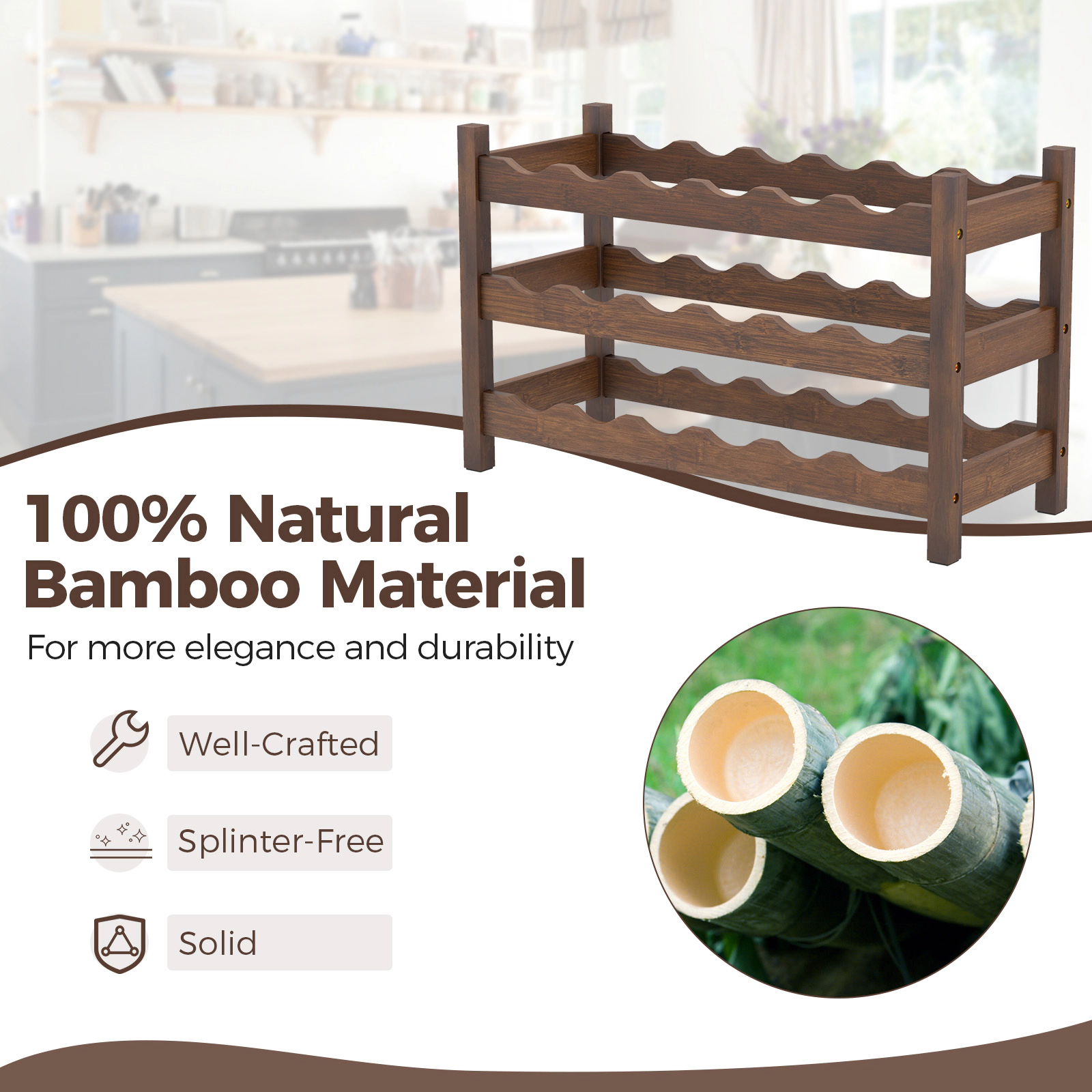 SUGIFT Coffee 3-Tier Bamboo Countertop Wine Rack 18-Bottle Freestanding Storage Shelf for Kitchen Bar