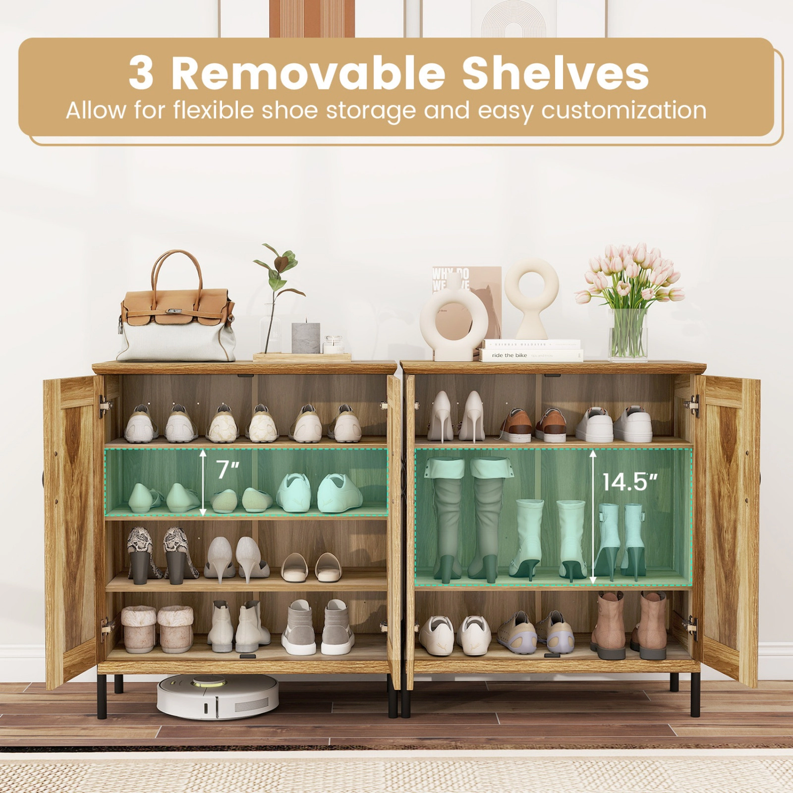 SUGIFT 5-Tier Farmhouse Shoe Cabinet with Woven Rattan Doors 110-lb Countertop Capacity 11-lb Shelf Capacity Natural
