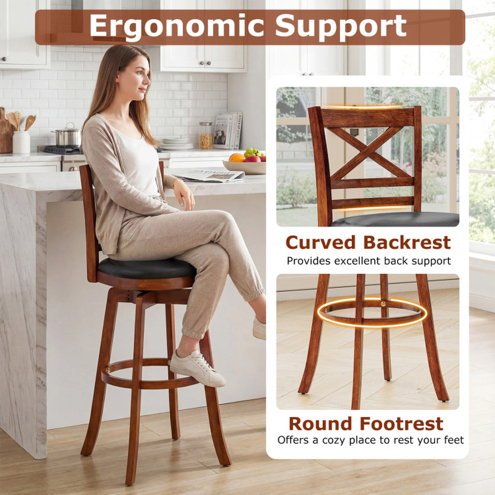 SUGIFT Set of 2 Counter-Height Swivel Bar Stools, PU Leather, Curved Backrest and Footrest