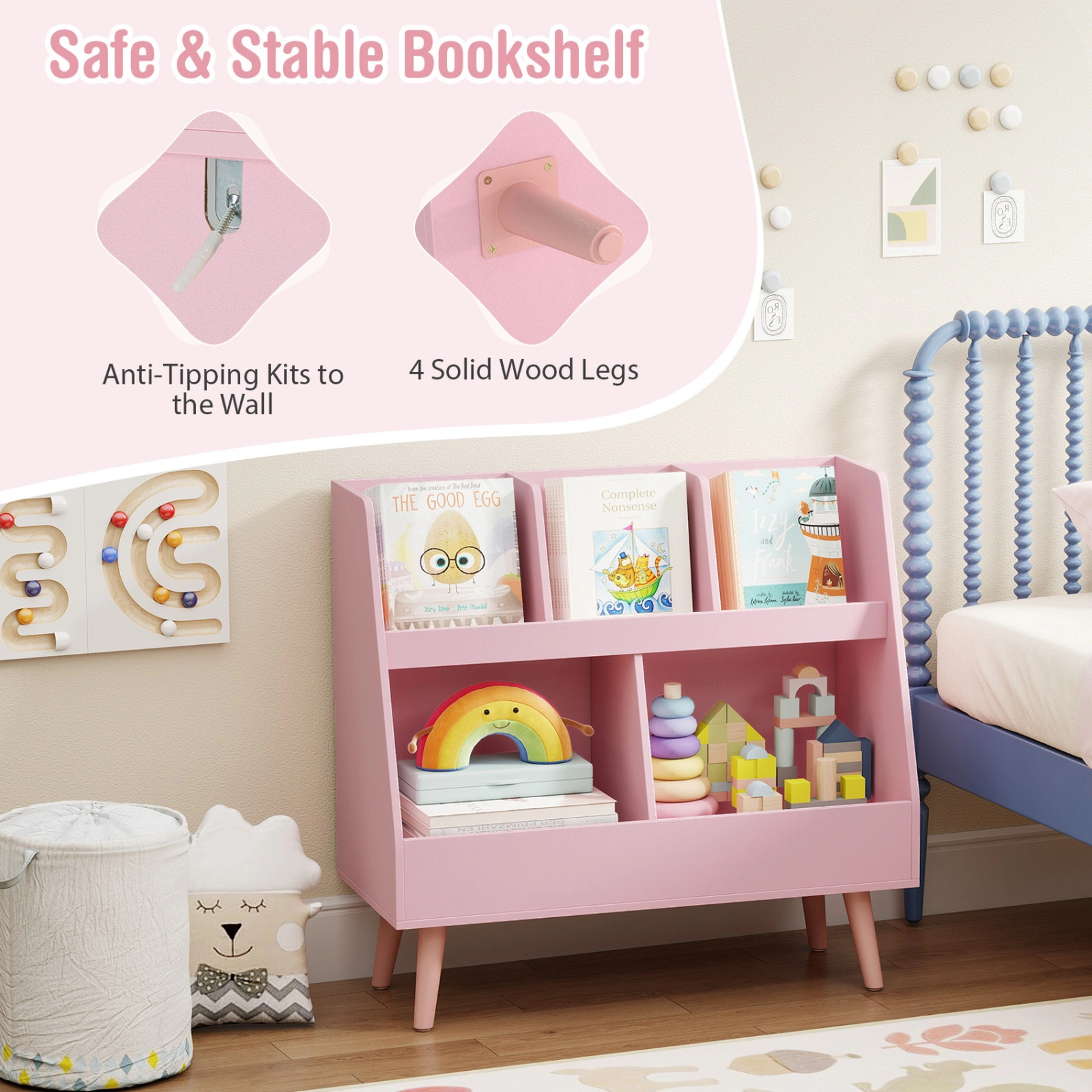 SUGIFT 5-Cube 68-lb Capacity 30-in Pink Kids Bookshelf and Toy Organizer with Anti-Tipping Kits and Wood Legs