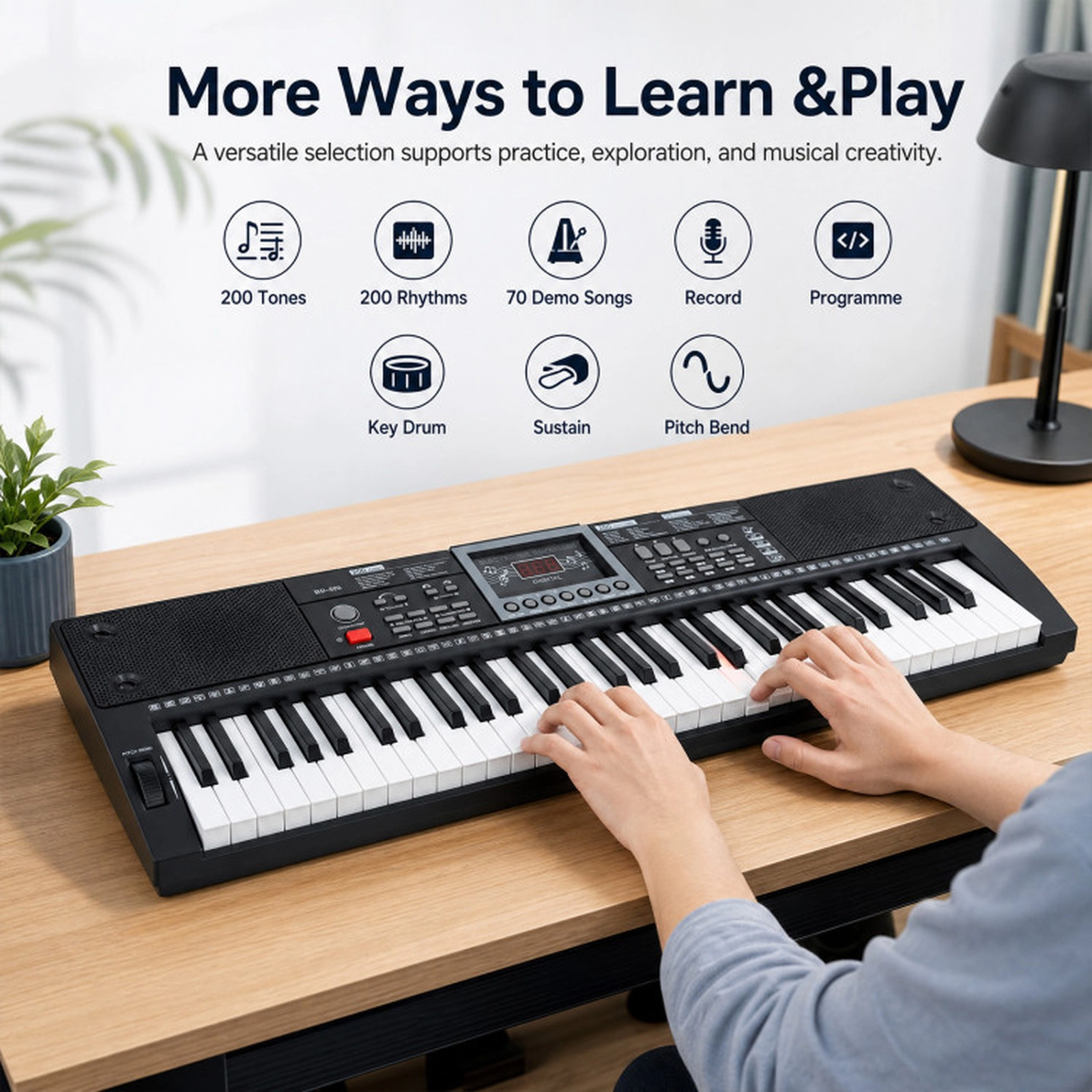 SUGIFT 61-Key Lighted Keyboard Piano with Stand and Padded Stool 31.5-in Keyboard for Beginners Black and White
