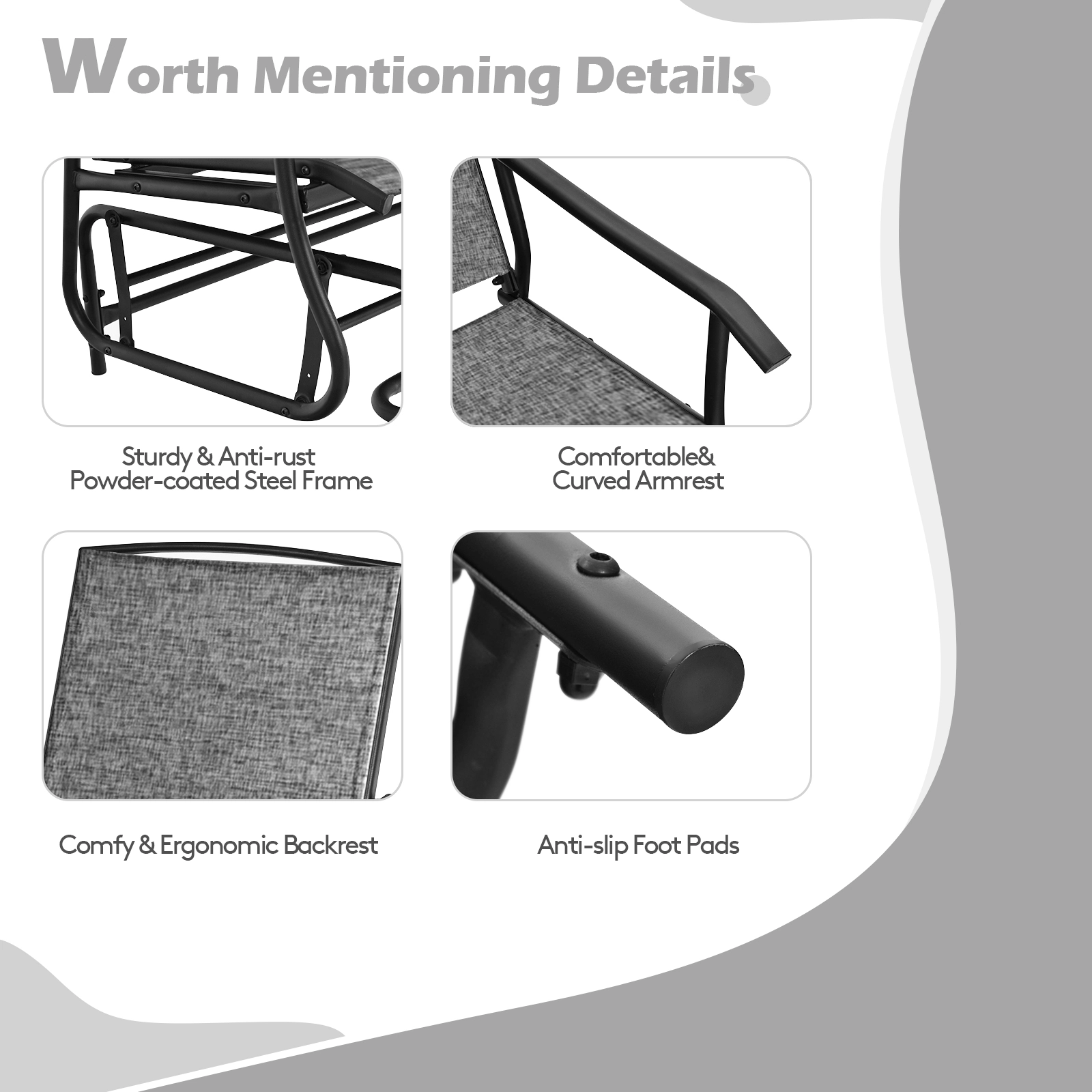 SUGIFT 2-Person Rocking Loveseat with Center Tempered Glass Table 530-lb Capacity Gray